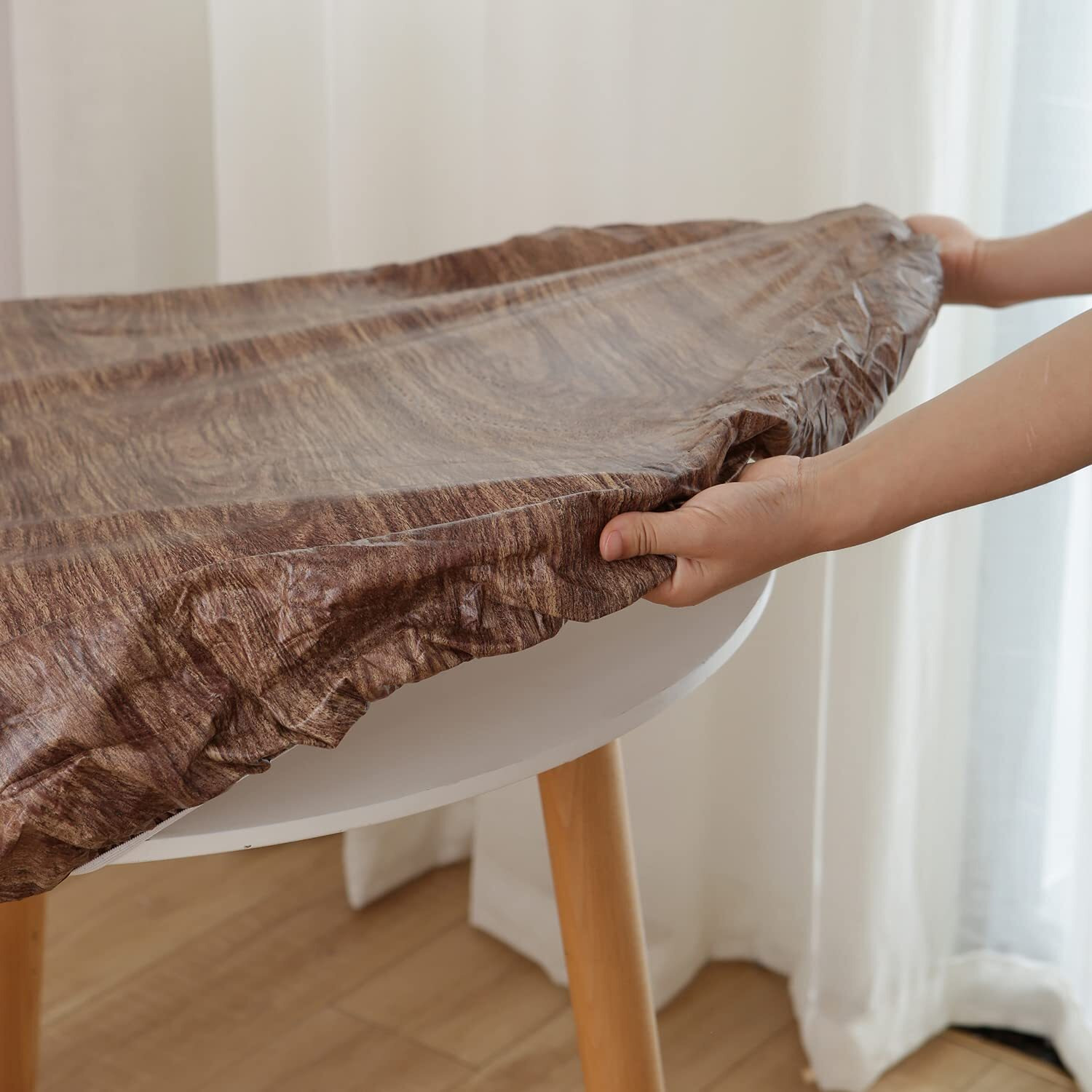 Nlmuvw Oval Tablecloth Fitted Vinyl With Elastic Edge 100% Waterproof Oil Proof Super Elastic Table Cloth Wipe Clean Table Cover For Indoor And Outdoor, 42""- 65"", Dark Wood