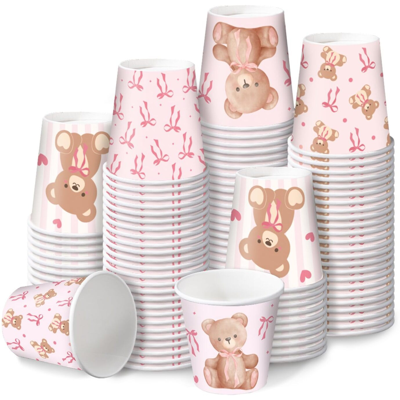 Ruspepa 3 Oz Bathroom Cups, Kids Disposable Paper Cups - 100 Pack Set Pink Bow And Bear Design Printed - Mini Mouthwash Rinse Paper Cups For Home Bathroom, Picnic, Bbq, Travel And Party