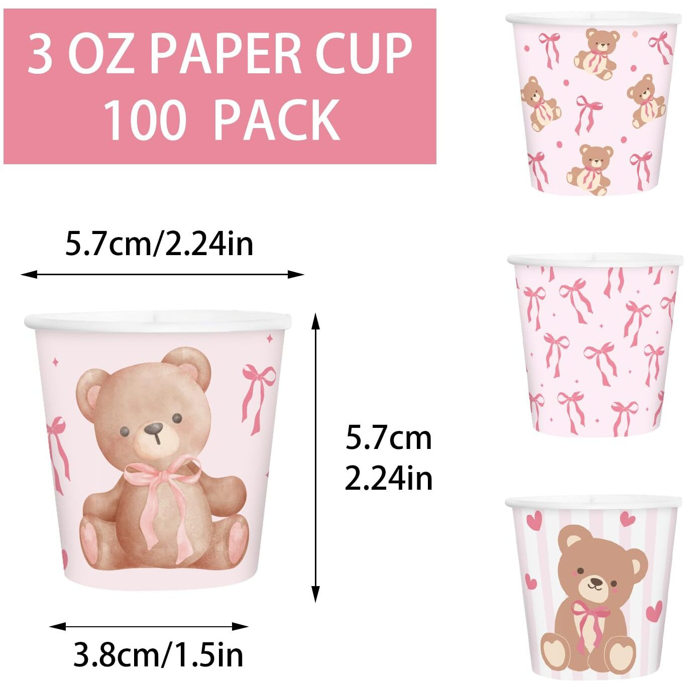 Ruspepa 3 Oz Bathroom Cups, Kids Disposable Paper Cups - 100 Pack Set Pink Bow And Bear Design Printed - Mini Mouthwash Rinse Paper Cups For Home Bathroom, Picnic, Bbq, Travel And Party