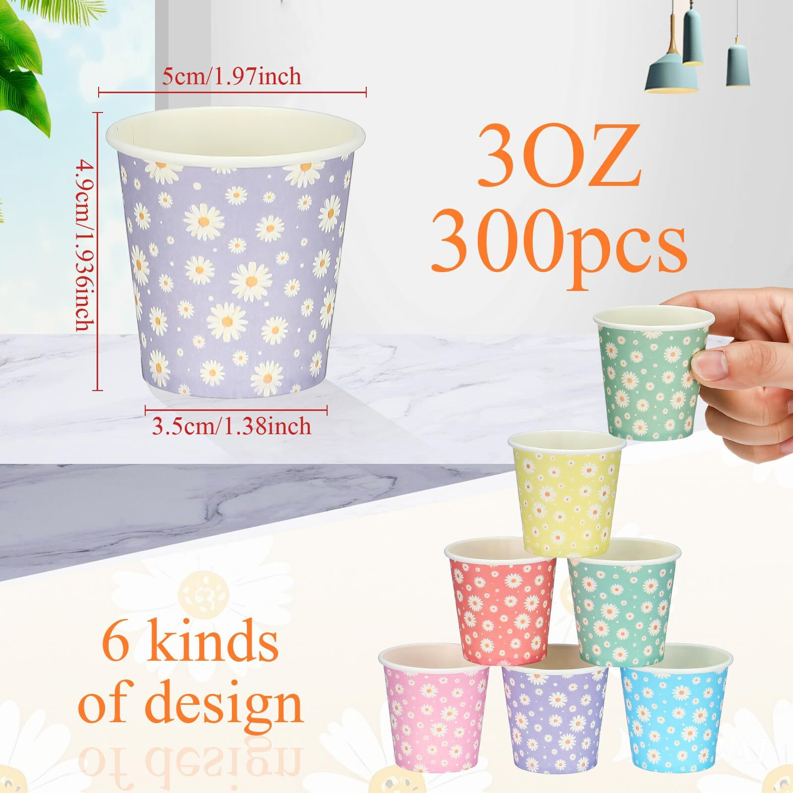 Sawysine 300 Count 3 Oz Disposable Small Paper Cups For Bathroom, Mouthwash, Coffee & More Mini Cups For Supermarket, Birthday Party, Travel, Picnic & Bbq(Daisy Style)