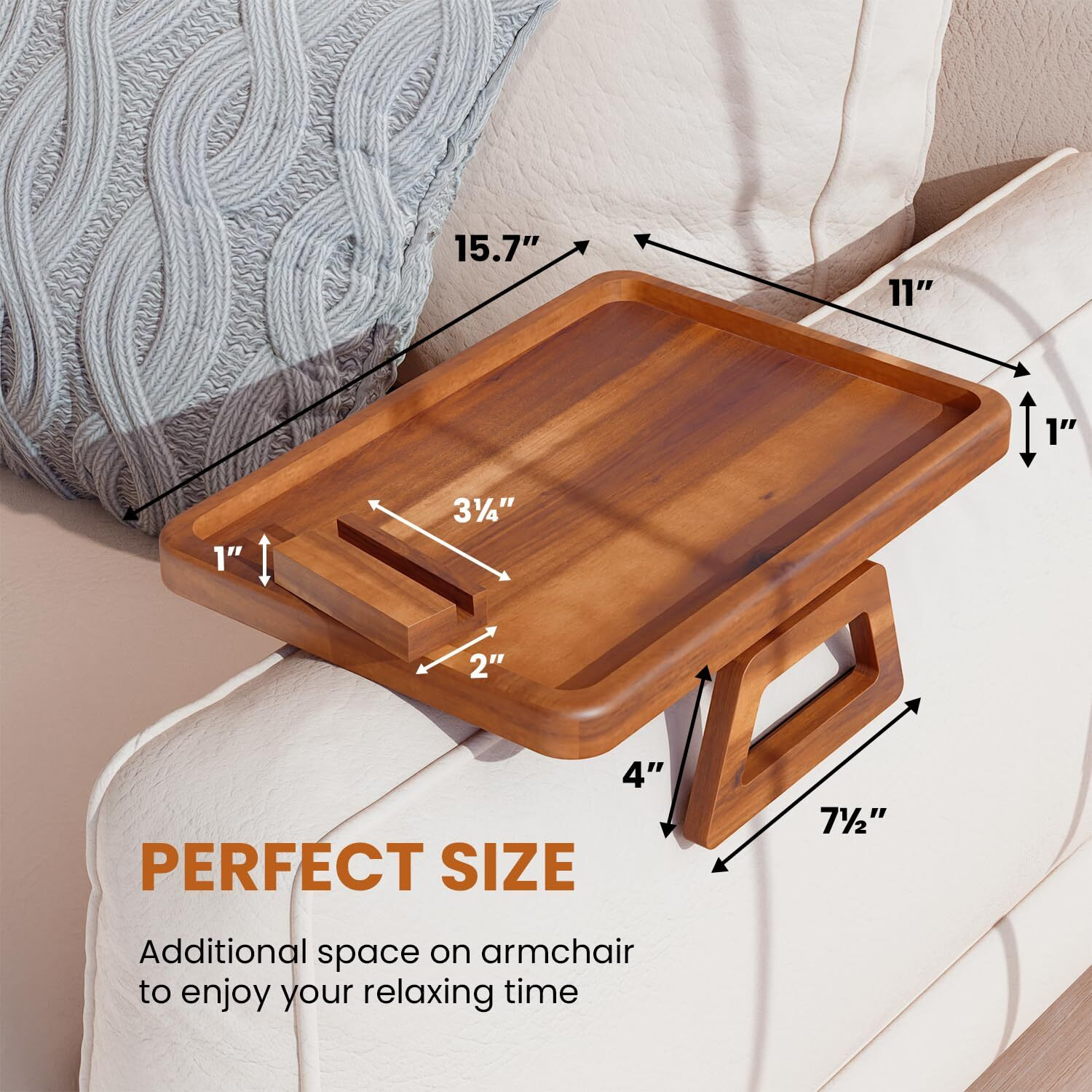 Tinamo 15.7"" X 11"" Large Couch Arm Table With 360 Rotating Phone Holder - Sofa Arm Clip Table For Living Room - Sofa Armrest Tray Wide Couches - Wooden Side Tables For Eating And Drink (Acacia Wood)