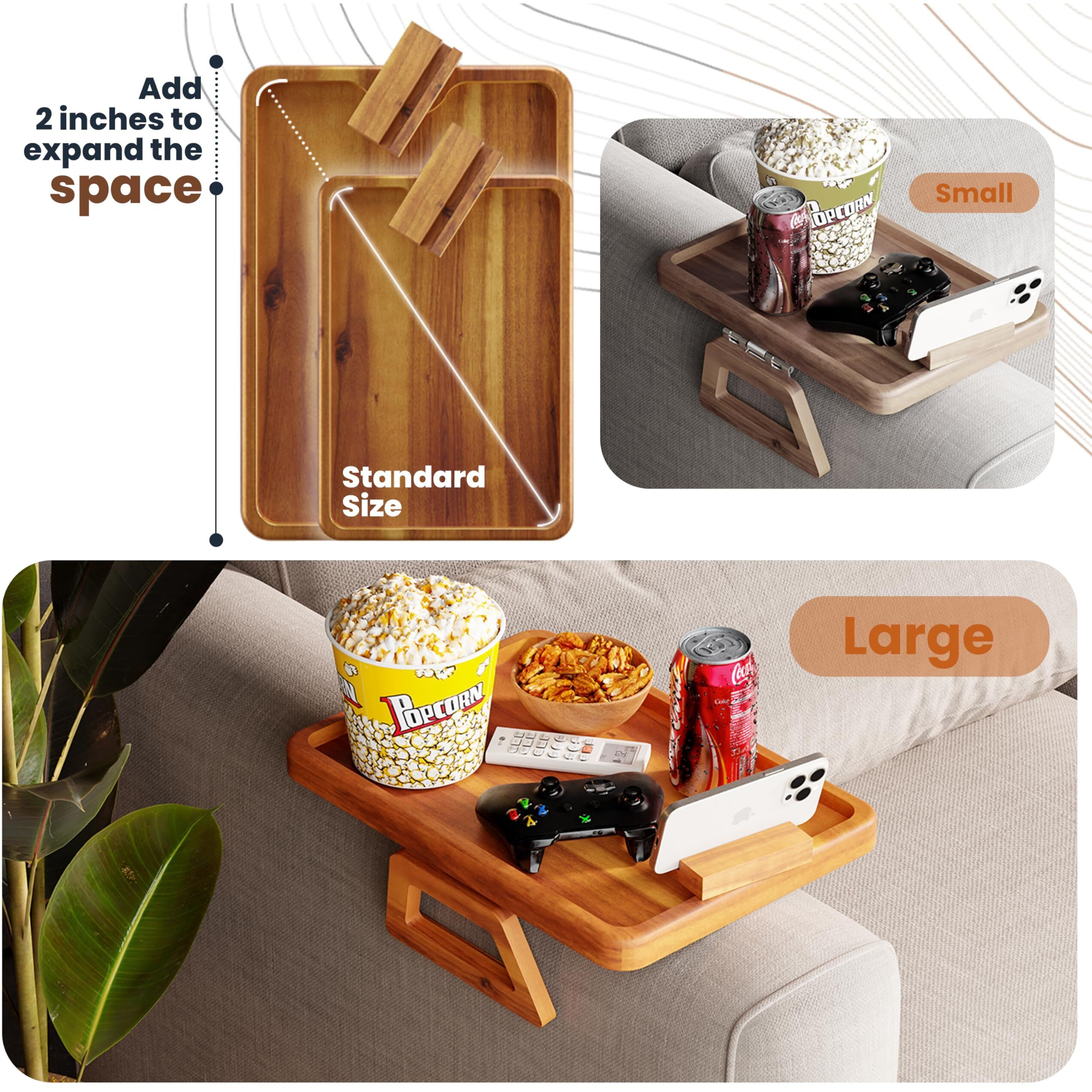 Tinamo 15.7"" X 11"" Large Couch Arm Table With 360 Rotating Phone Holder - Sofa Arm Clip Table For Living Room - Sofa Armrest Tray Wide Couches - Wooden Side Tables For Eating And Drink (Acacia Wood)