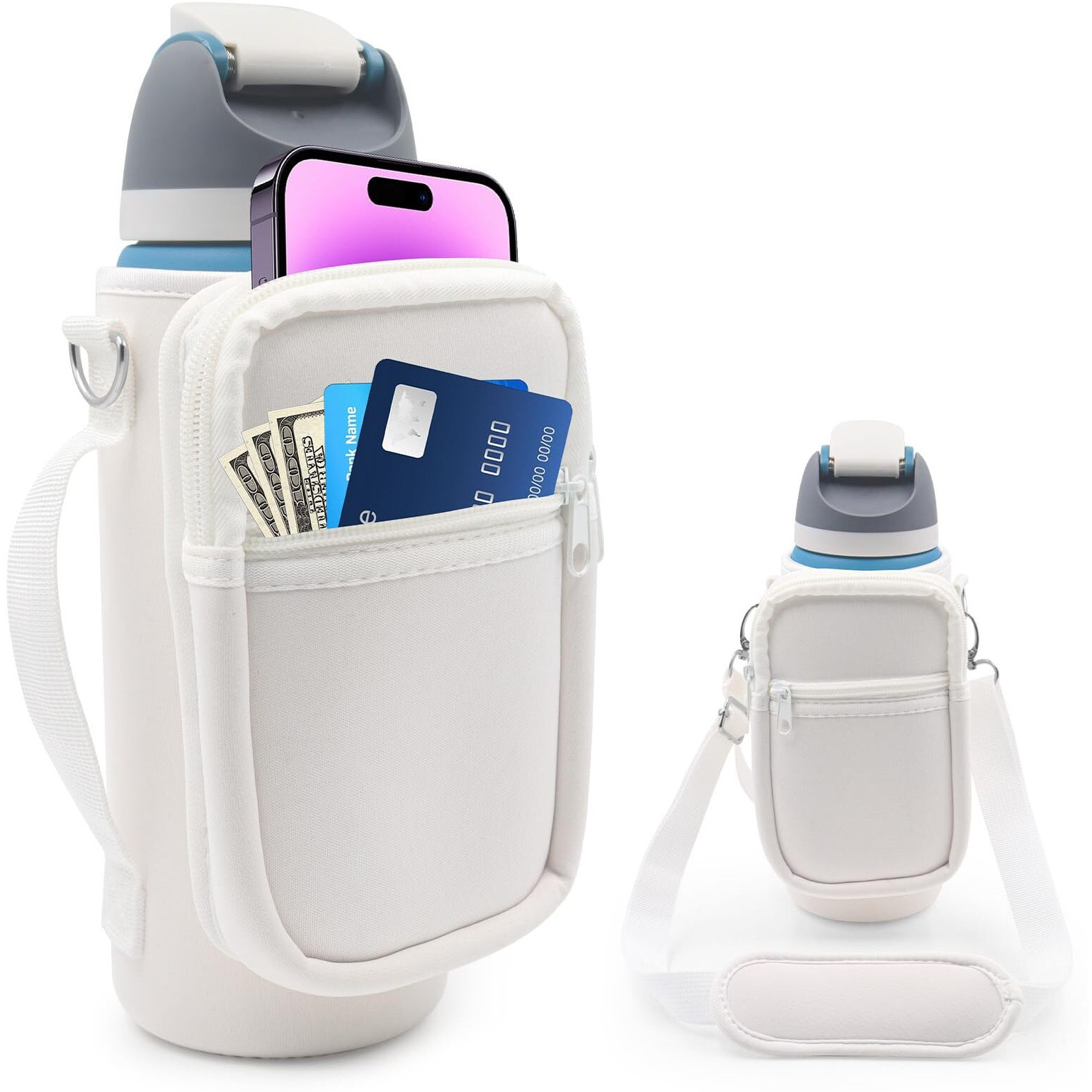 For Owala Freesip Insulated Stainless Steel Water Bottle Cup Holder Cover Carrier Sling Bag With Strap, Pouch Pocket For Phone/Accessories, Add Handle For Owala 32Oz (White)