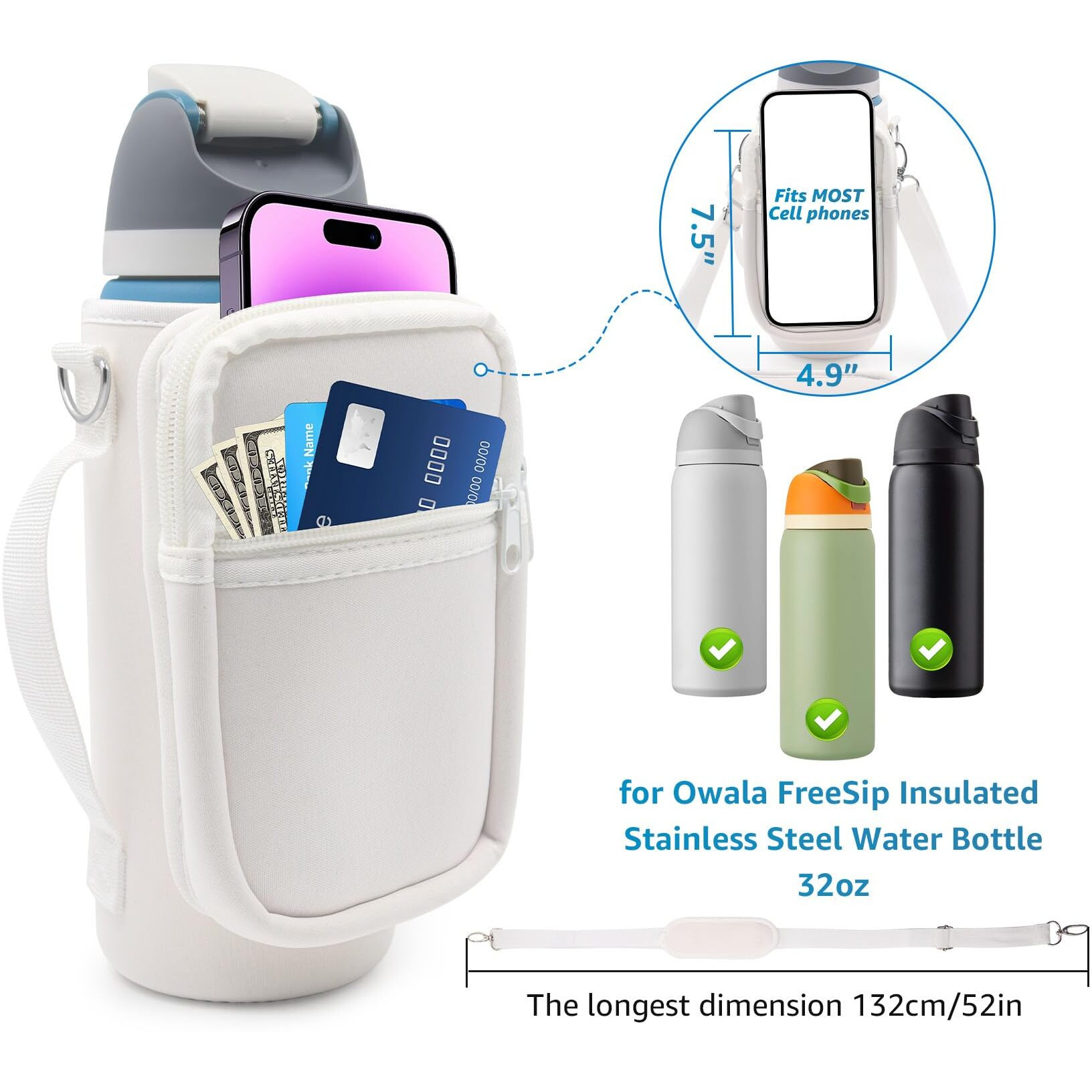 For Owala Freesip Insulated Stainless Steel Water Bottle Cup Holder Cover Carrier Sling Bag With Strap, Pouch Pocket For Phone/Accessories, Add Handle For Owala 32Oz (White)
