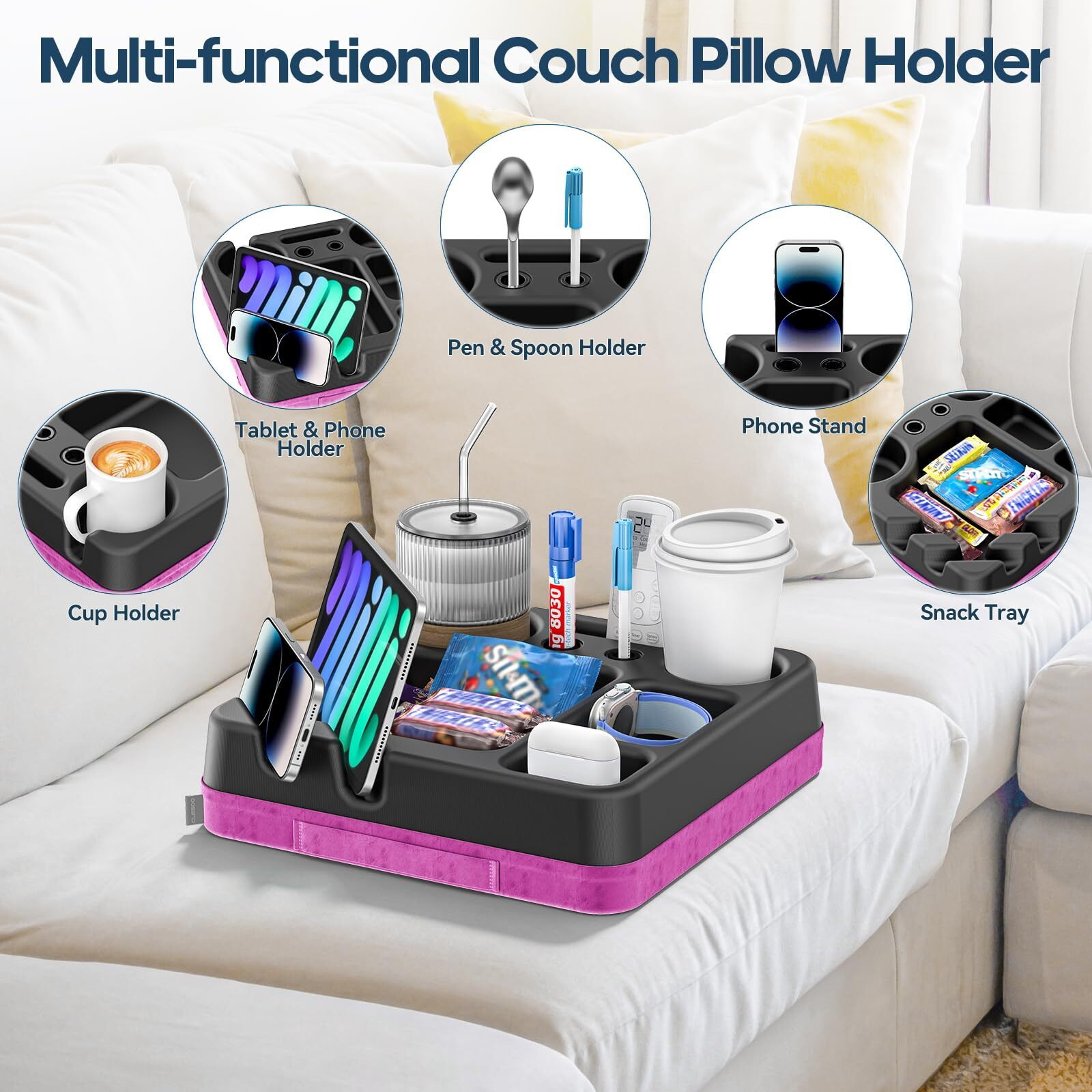Couch Cup Holder Tray Silicone Couch Cup Holder Pillow Sofa Bed Caddy Organizer Sofa Drink Holder No Spill Portable Snack Caddy Bed Tray Remote Holder Sofa Storage For Phone Pen Key Beverage Purple