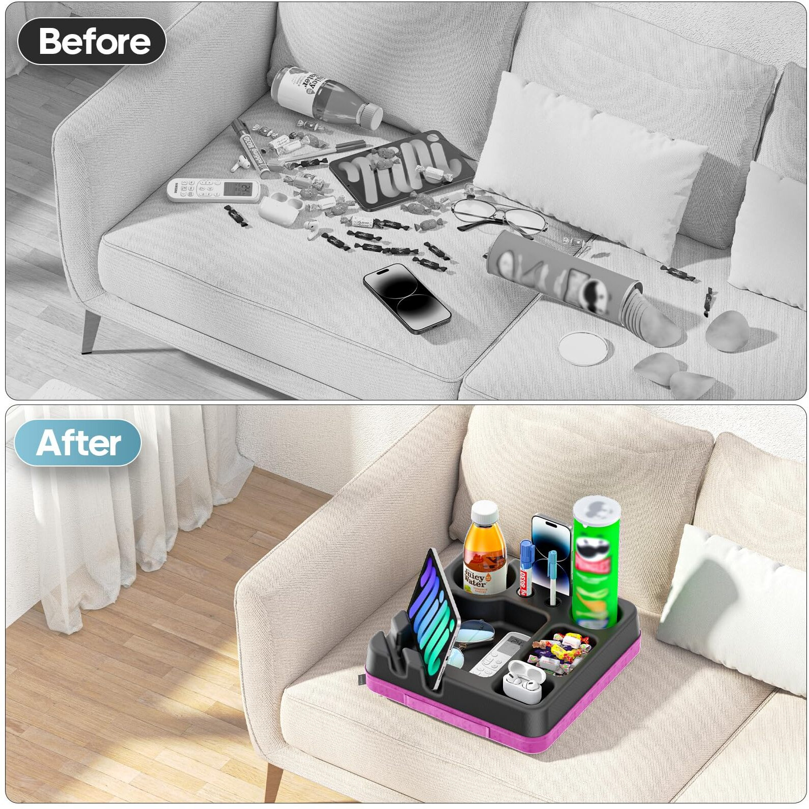 Couch Cup Holder Tray Silicone Couch Cup Holder Pillow Sofa Bed Caddy Organizer Sofa Drink Holder No Spill Portable Snack Caddy Bed Tray Remote Holder Sofa Storage For Phone Pen Key Beverage Purple