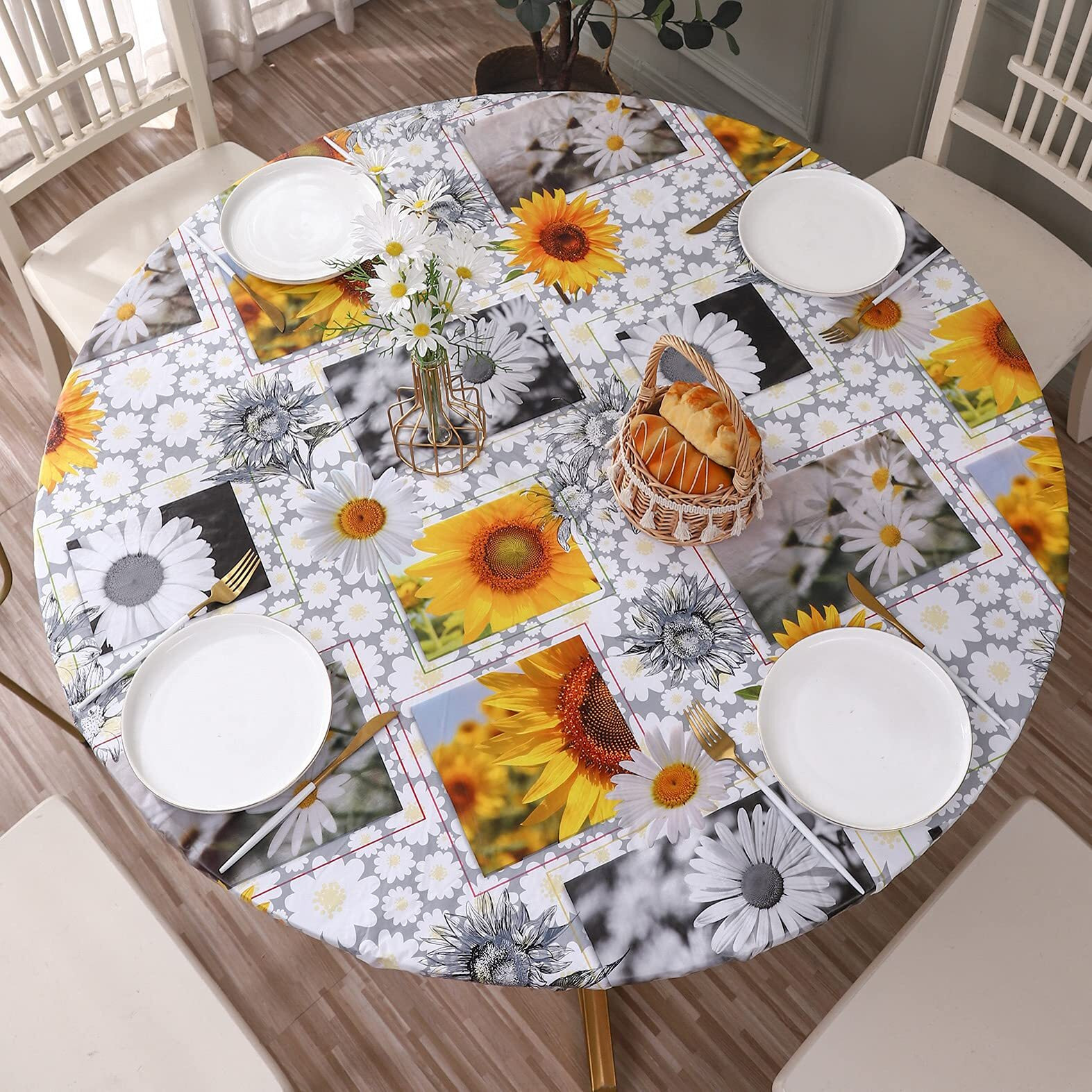Round Vinyl Fitted Tablecloth With Flannel Backing Elastic Edge Design Table Cover Waterproof Oil-Proof Pvc Table Cloth Stain-Resistant Best For 57""-66"" Round