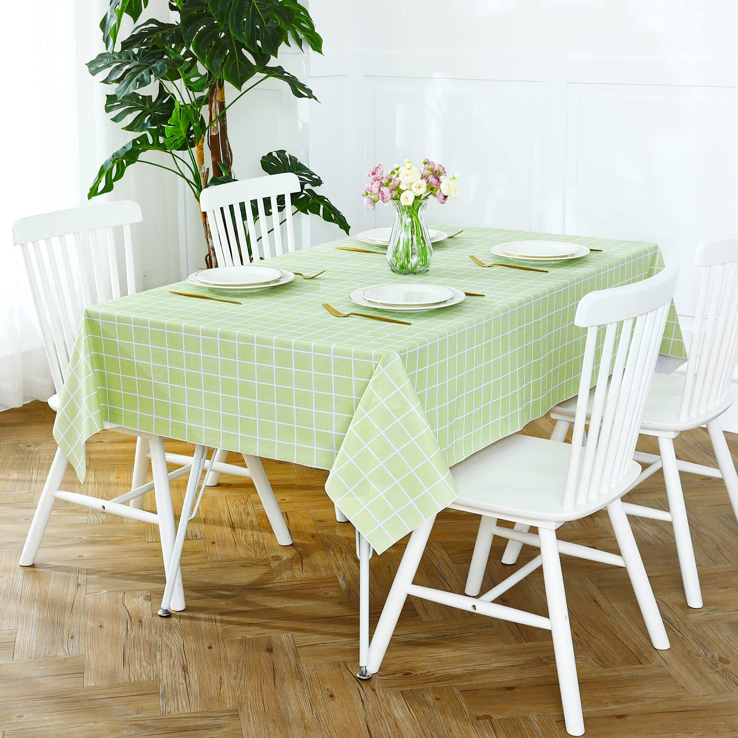 Romanstile Rectangle Plastic Tablecloth, 100% Waterproof Oil-Proof Checkered Pvc Table Cloths, Heavy Duty Vinyl Table Covers For Dining, Camping, Picnic, Outdoor - 54 X 120 Inch, Green