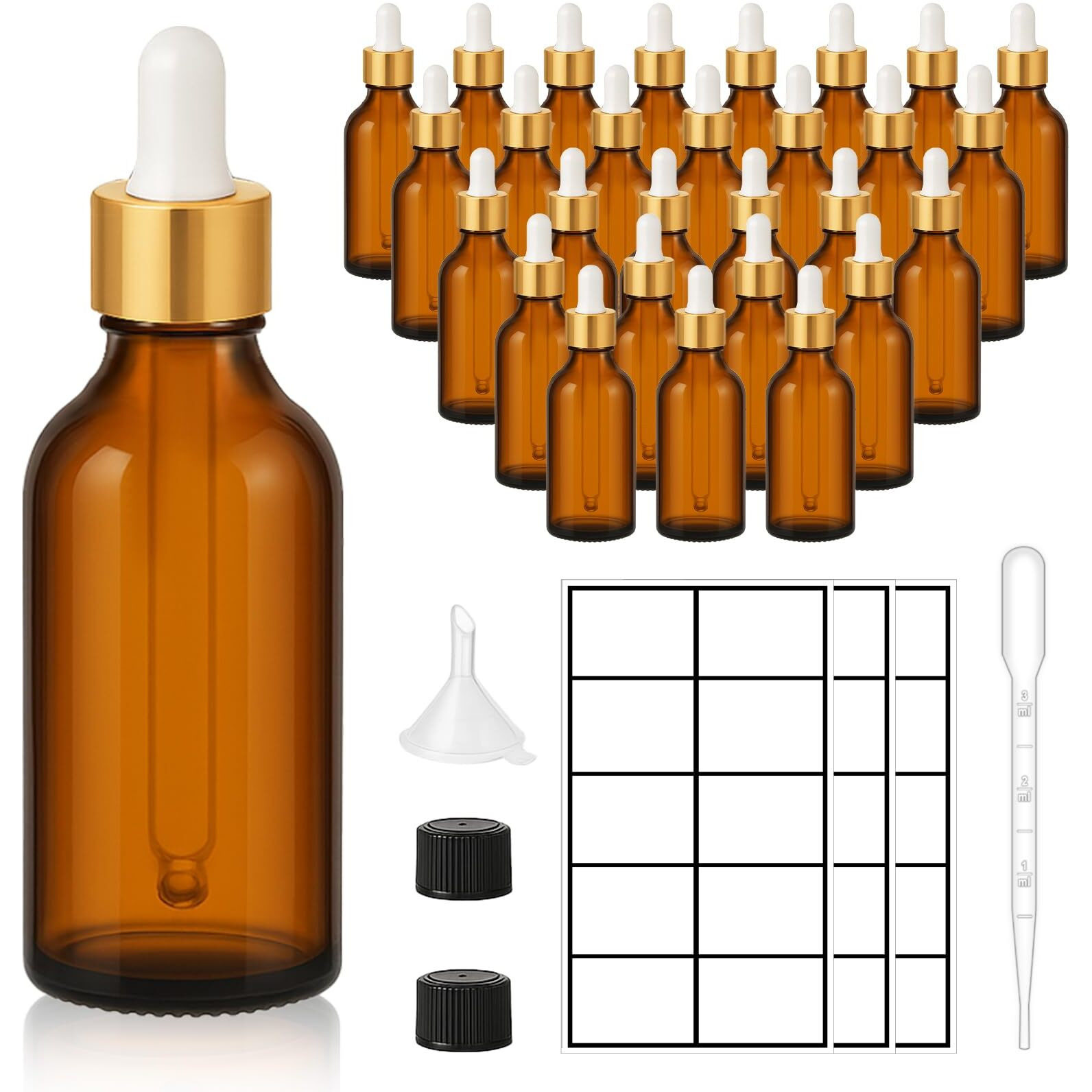 Upbud 28 Pack 2Oz Amber Glass Dropper Bottles With Gold Lids, Funnels, Droppers, Extra Caps & Labels - Leakproof, Uv Resistant 60Ml Empty Bottle For Tinctures, Essential Oils, Beard & Hair Oils