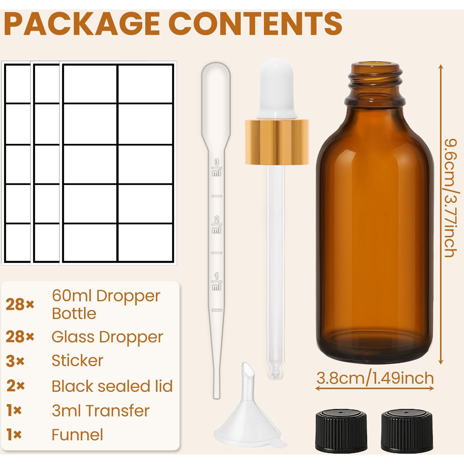 Upbud 28 Pack 2Oz Amber Glass Dropper Bottles With Gold Lids, Funnels, Droppers, Extra Caps & Labels - Leakproof, Uv Resistant 60Ml Empty Bottle For Tinctures, Essential Oils, Beard & Hair Oils