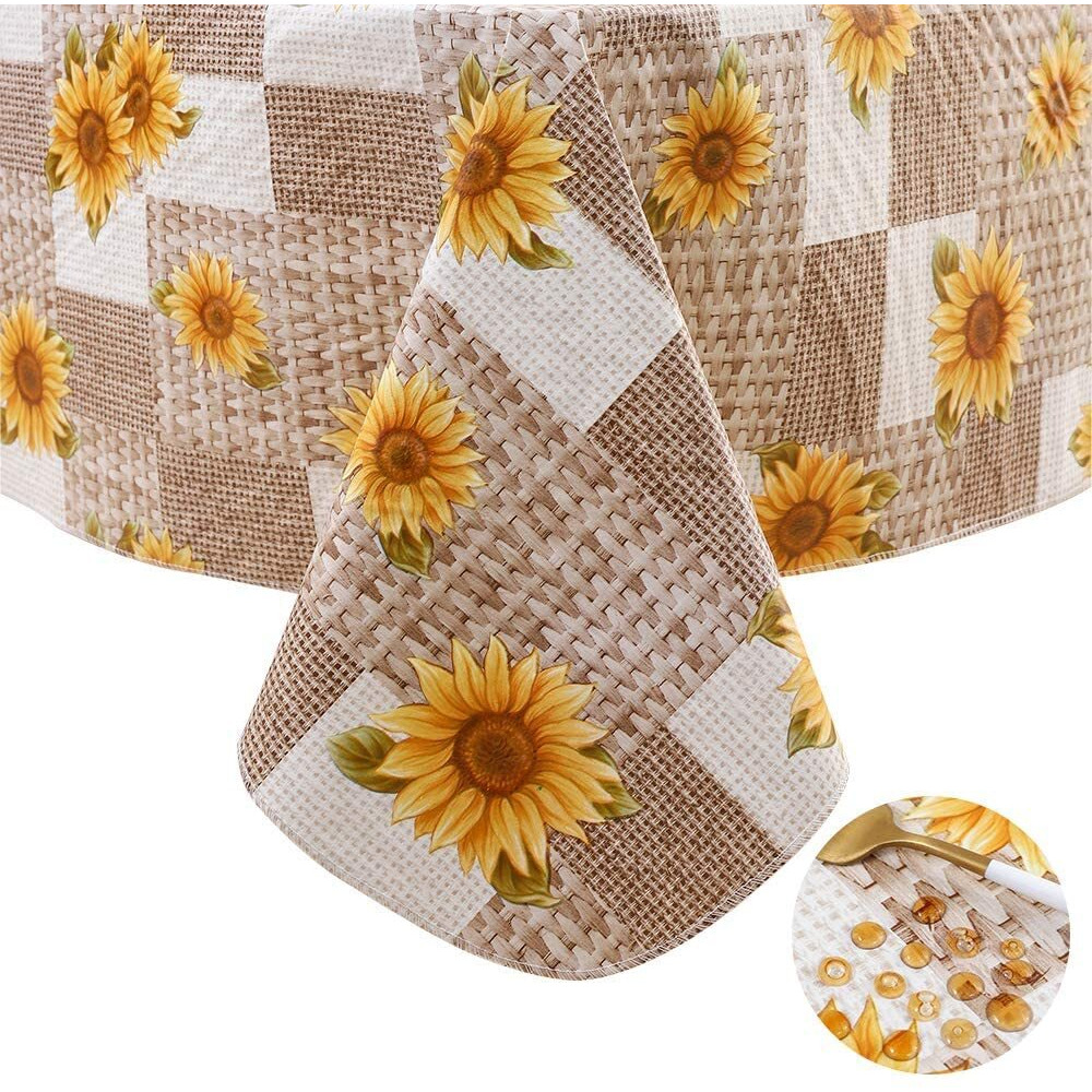 Vinyl Tablecloth With Flannel Backed Waterproof Oil-Proof Pvc Table Cloth Wipeable Spill-Proof Plastic Table Cover For Indoor And Outdoor(Sunflower, 60 X 60 Inch Square)