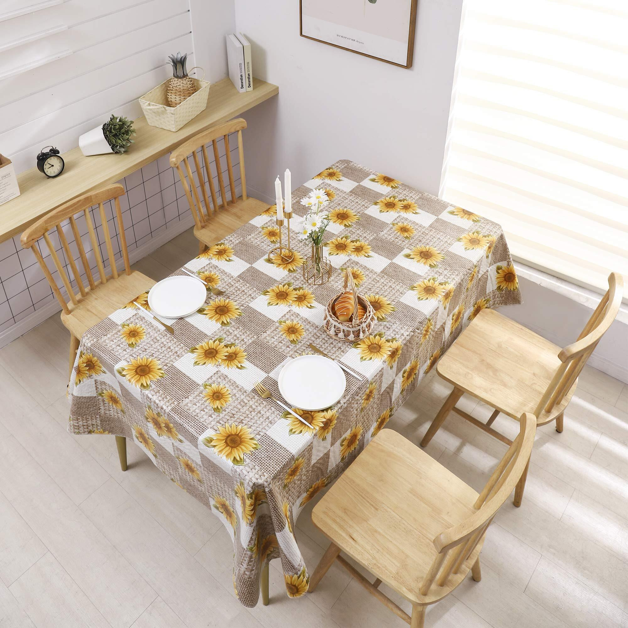 Vinyl Tablecloth With Flannel Backed Waterproof Oil-Proof Pvc Table Cloth Wipeable Spill-Proof Plastic Table Cover For Indoor And Outdoor(Sunflower, 60 X 60 Inch Square)