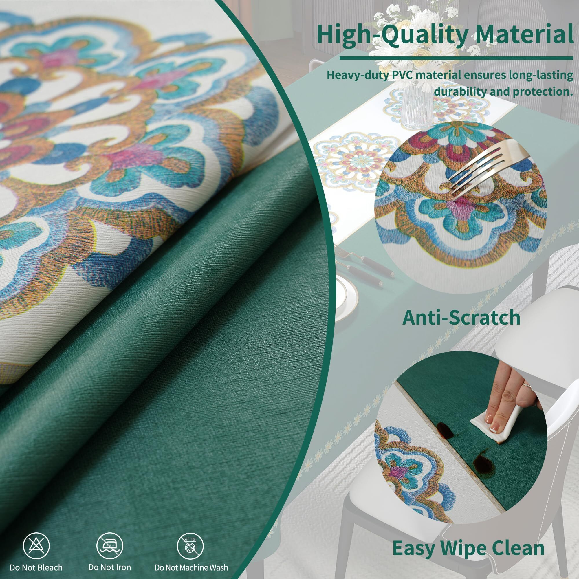 Homoheini Rectangle Table Cloth,100% Waterproof Tablecloth Oil Proof Spill Proof Vinyl Table Cloth, Wipe Clean Plastic Table Cover For Dining, Camping, Indoor And Outdoor 54"" X 78"",Flower-Dark Green