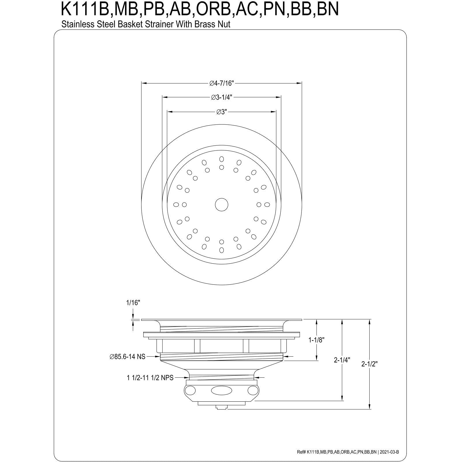 Kingston Brass K111Borb Tacoma Basket Strainer, Oil Rubbed Bronze 4.44 X 4.44 X 2.5