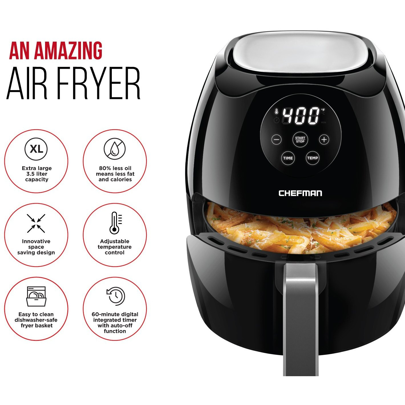 Chefman Digital 3.5 Quart Touch Screen Air Fryer Oven W/ Space Saving Flat Basket, Healthy Oil-Free Airfryer W/ 60 Minute Timer & Auto Shutoff, Dishwasher Safe Parts, Bpa-Free, Black