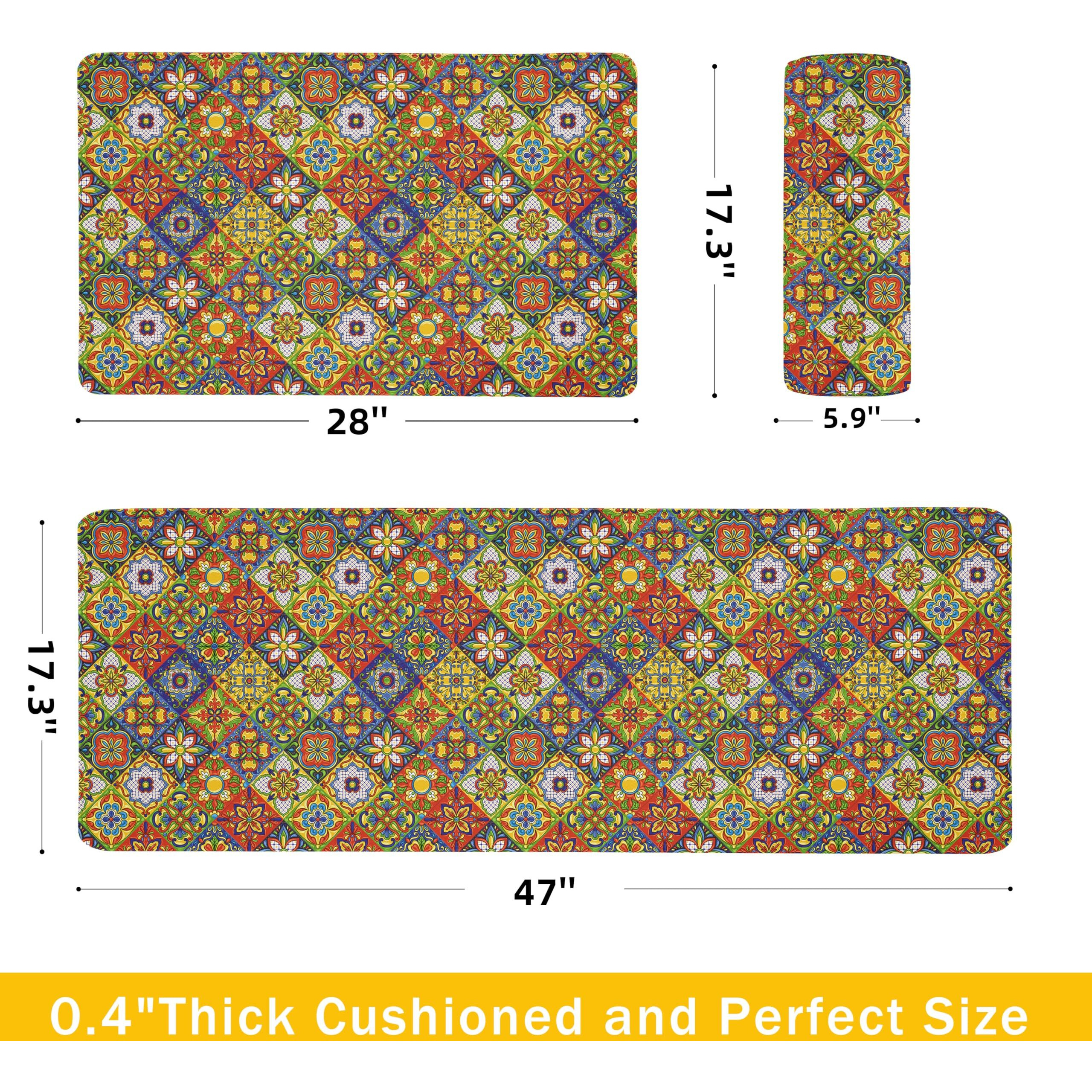 Boho Kitchen Rugs Set 2 Memory Foam Colorful Ceramic Comfort Tile Floor Mat Anti Fatigue Non-Skid Pvc Runner Rug Water & Oil Proof Carpet For Kitchen Laundry Sink,17.3X28+17.3X47 Inch, C4