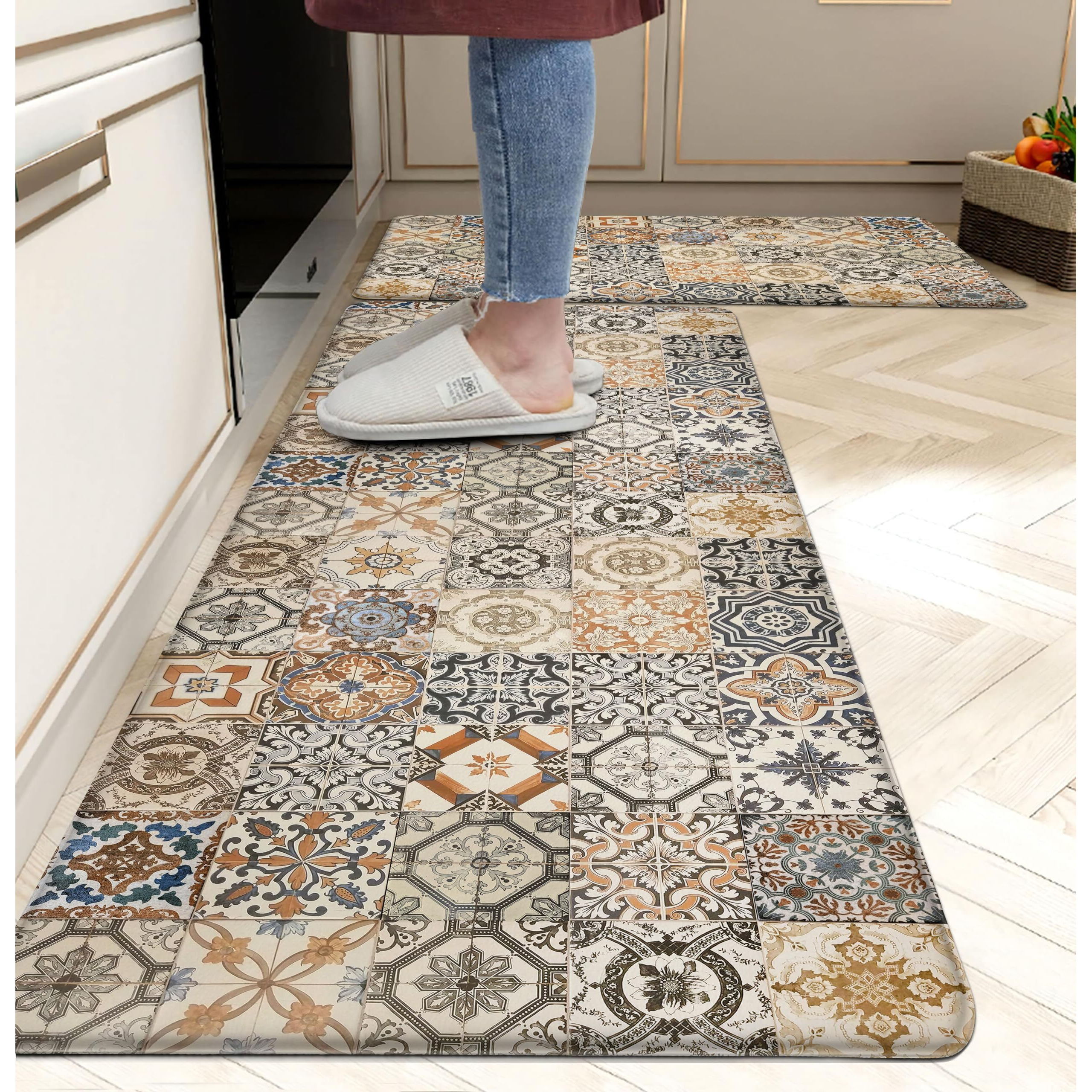 Boho Kitchen Rugs Set 2 Memory Foam Colorful Ceramic Comfort Tile Floor Mat Anti Fatigue Non-Skid Pvc Runner Rug Water & Oil Proof Carpet For Kitchen Laundry Sink,17.3X28+17.3X47 Inch, C3