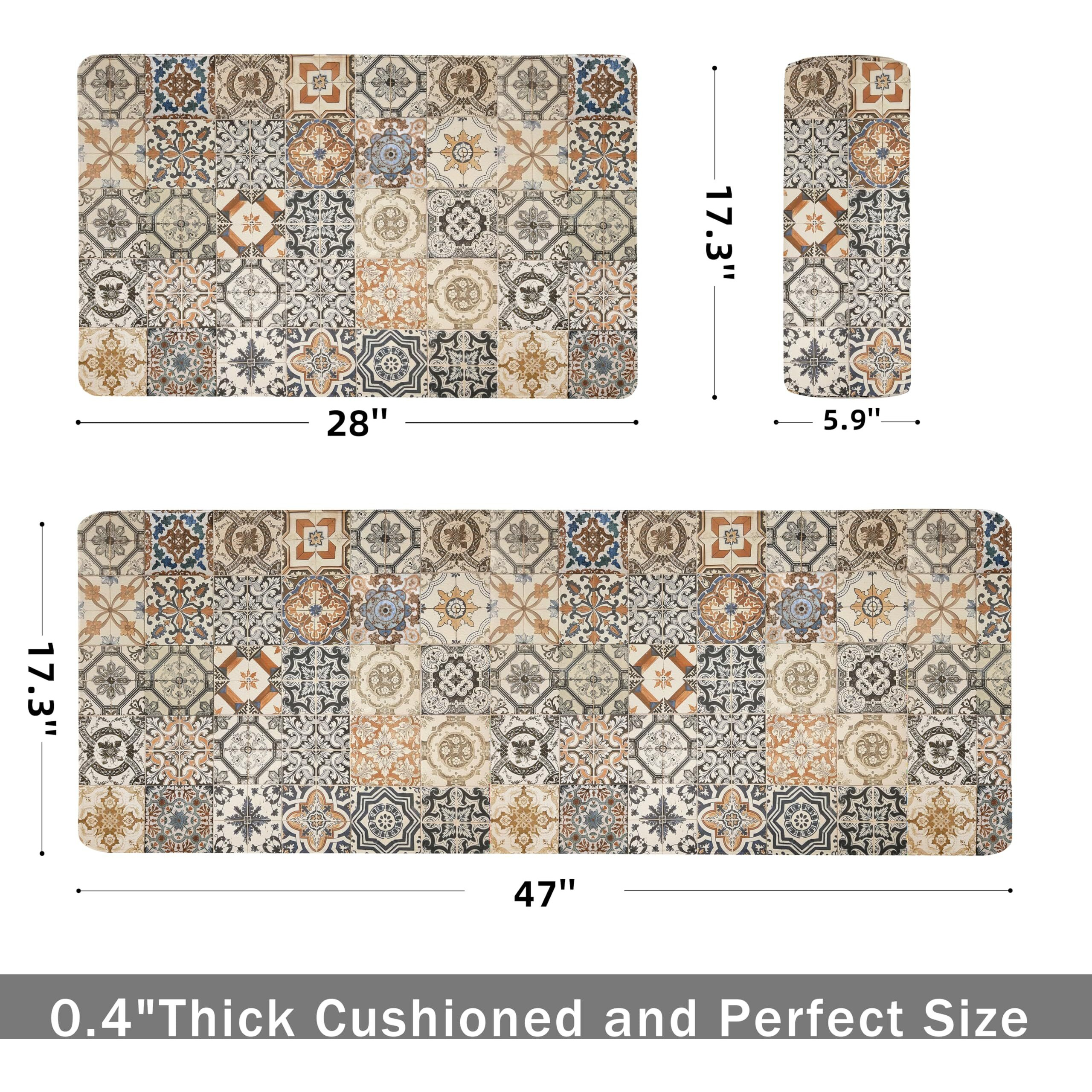 Boho Kitchen Rugs Set 2 Memory Foam Colorful Ceramic Comfort Tile Floor Mat Anti Fatigue Non-Skid Pvc Runner Rug Water & Oil Proof Carpet For Kitchen Laundry Sink,17.3X28+17.3X47 Inch, C3