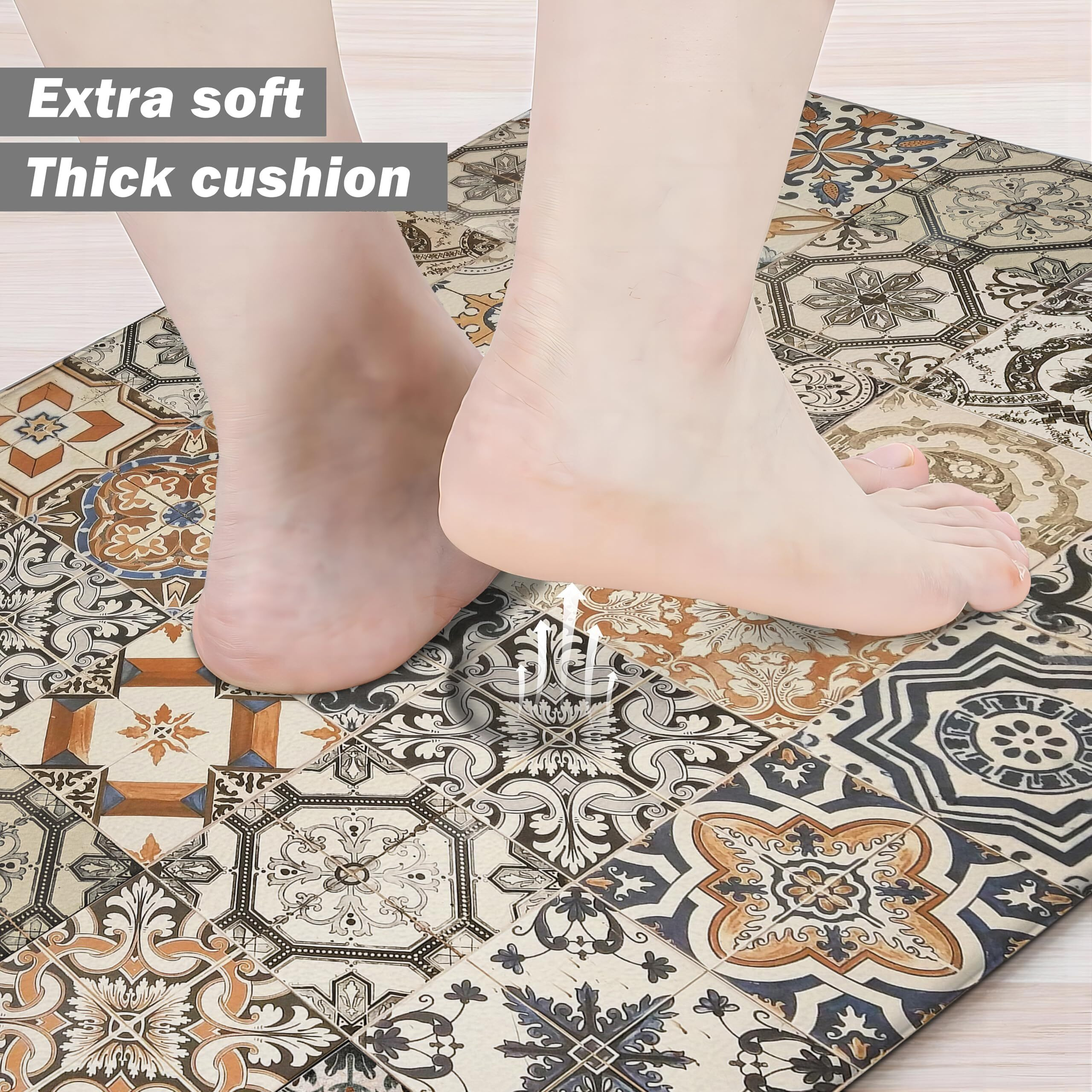 Boho Kitchen Rugs Set 2 Memory Foam Colorful Ceramic Comfort Tile Floor Mat Anti Fatigue Non-Skid Pvc Runner Rug Water & Oil Proof Carpet For Kitchen Laundry Sink,17.3X28+17.3X47 Inch, C3