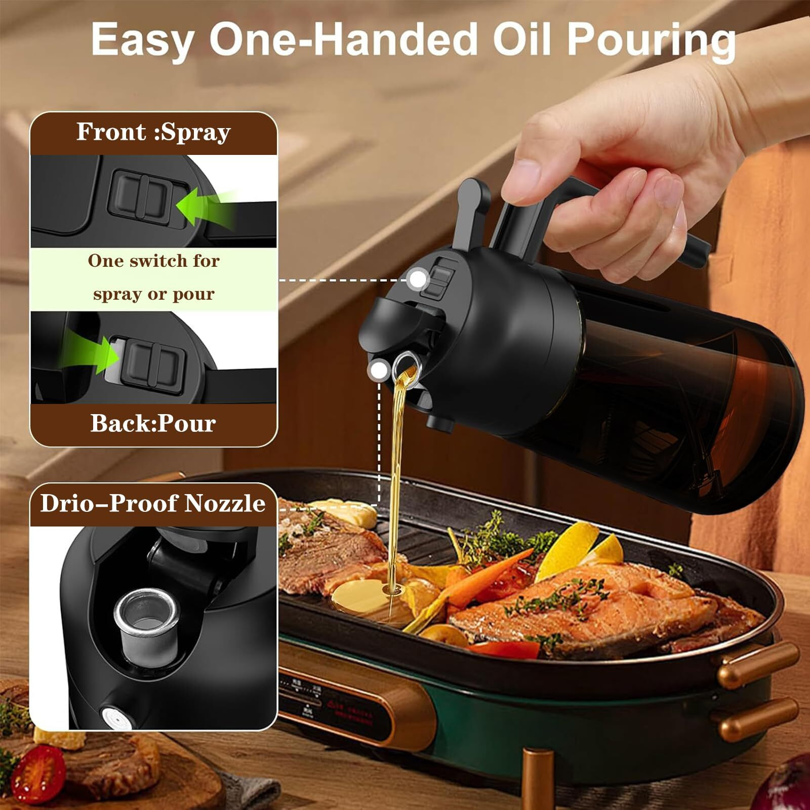 Lakumiqi 2-In-1 Glass Oil Dispenser & Sprayer - 16Oz/470Ml Leakproof Olive Oil Sprayer Bottle For Cooking, Air Fryer, Bbq, Baking, Salad(Light-Blockage Cream 1Pc)