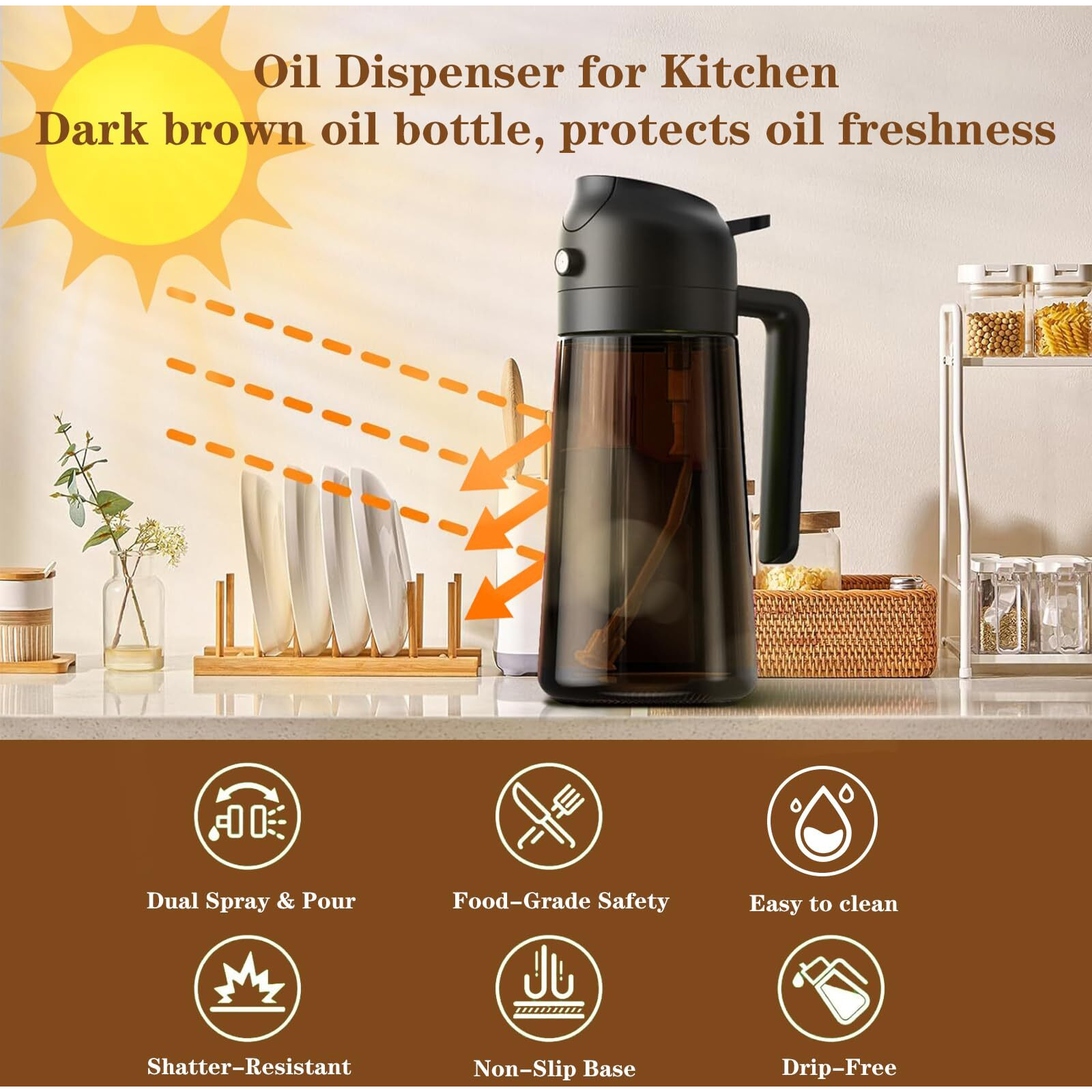 Lakumiqi 2-In-1 Glass Oil Dispenser & Sprayer - 16Oz/470Ml Leakproof Olive Oil Sprayer Bottle For Cooking, Air Fryer, Bbq, Baking, Salad(Light-Blockage Cream 1Pc)
