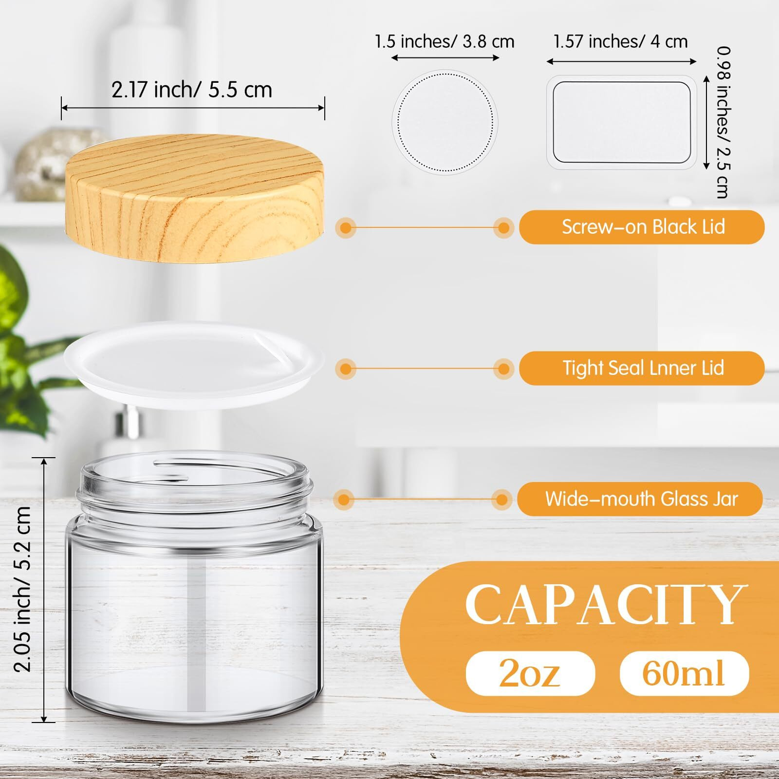 Layhit 36Pcs Glass Jars With Lids Clear Small Jars With Plastic Woodgrain Lids, White Labels And Inner Liners Empty Round Cosmetic Containers For Creams Lotions Powder Candle Making (2Oz/ 60 Ml)