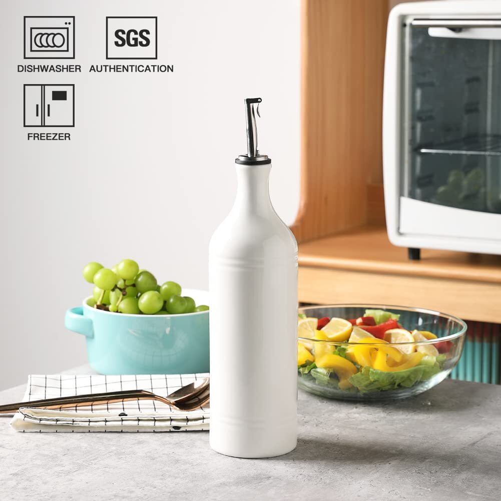 Sweejar Large Ceramic Olive Oil Dispenser Bottle, Opaque Oil Cruet Protects Oil To Reduce Oxidation, Suitable For Storage Of Oil, Vinegar, Soy Sauce & Other Liquids, Pack Of 1, 24 Fl Oz (White)
