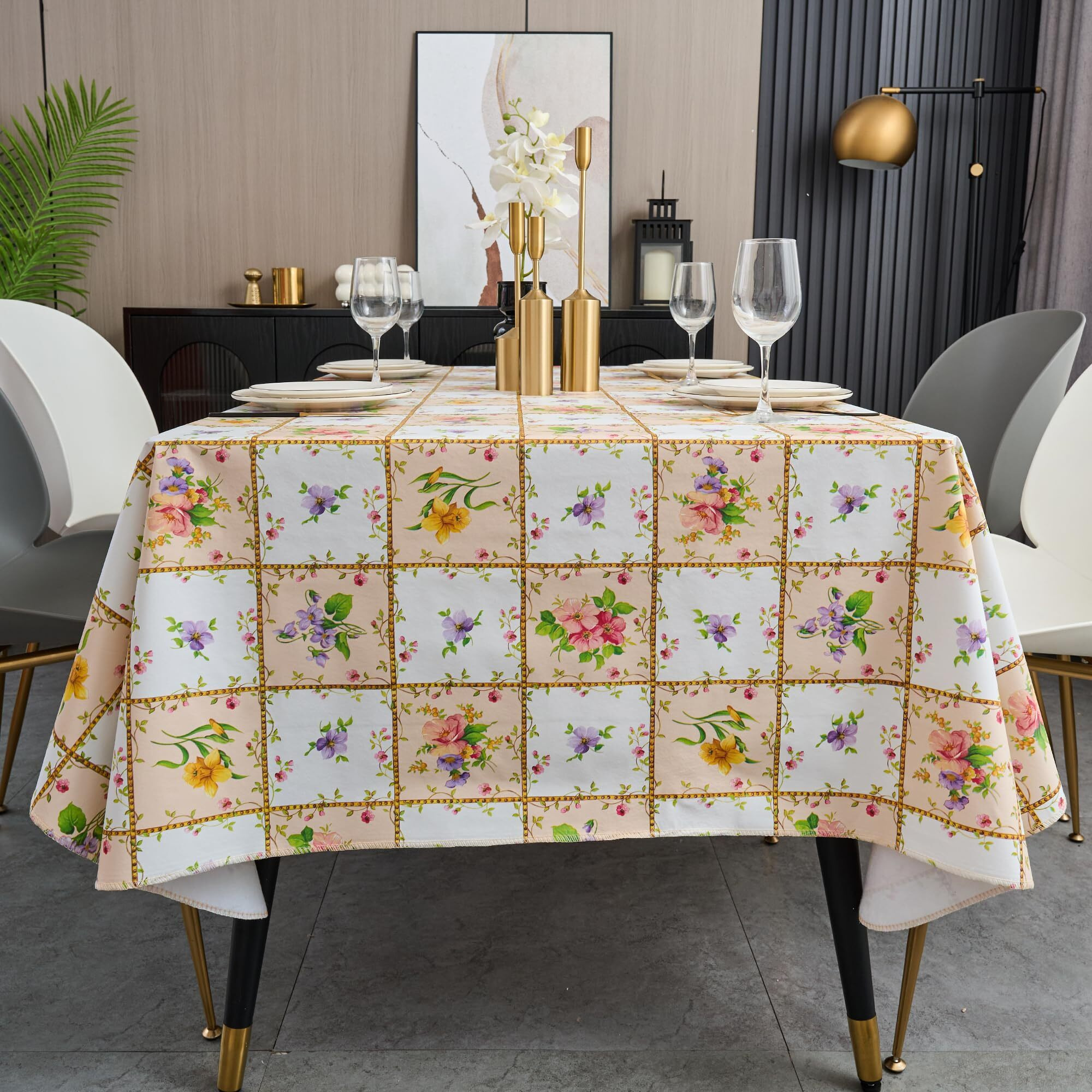 Vinyl Tablecloth With Flannel Backed Waterproof Oil-Proof Pvc Table Cloth Wipeable Spill-Proof Plastic Table Cover For Indoor And Outdoor(Colorful Flowers, 60 X 102 Inch Rectangle)