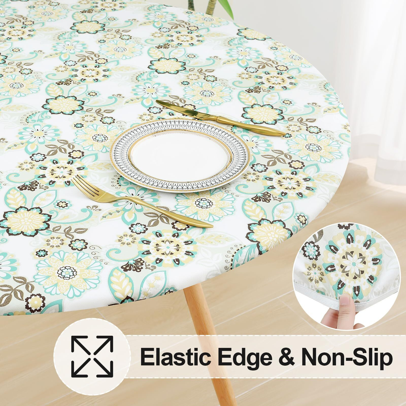 Misaya Round Fitted Tablecloth With Elastic Edge, 100% Waterproof Oil Proof Plastic Table Cover, Vinyl Flannel Backed Tablecloth Fits 57&quot&quot-66&quot&quot Round Tables For Dinner, Outdoor, Picnic, Paisley Flower
