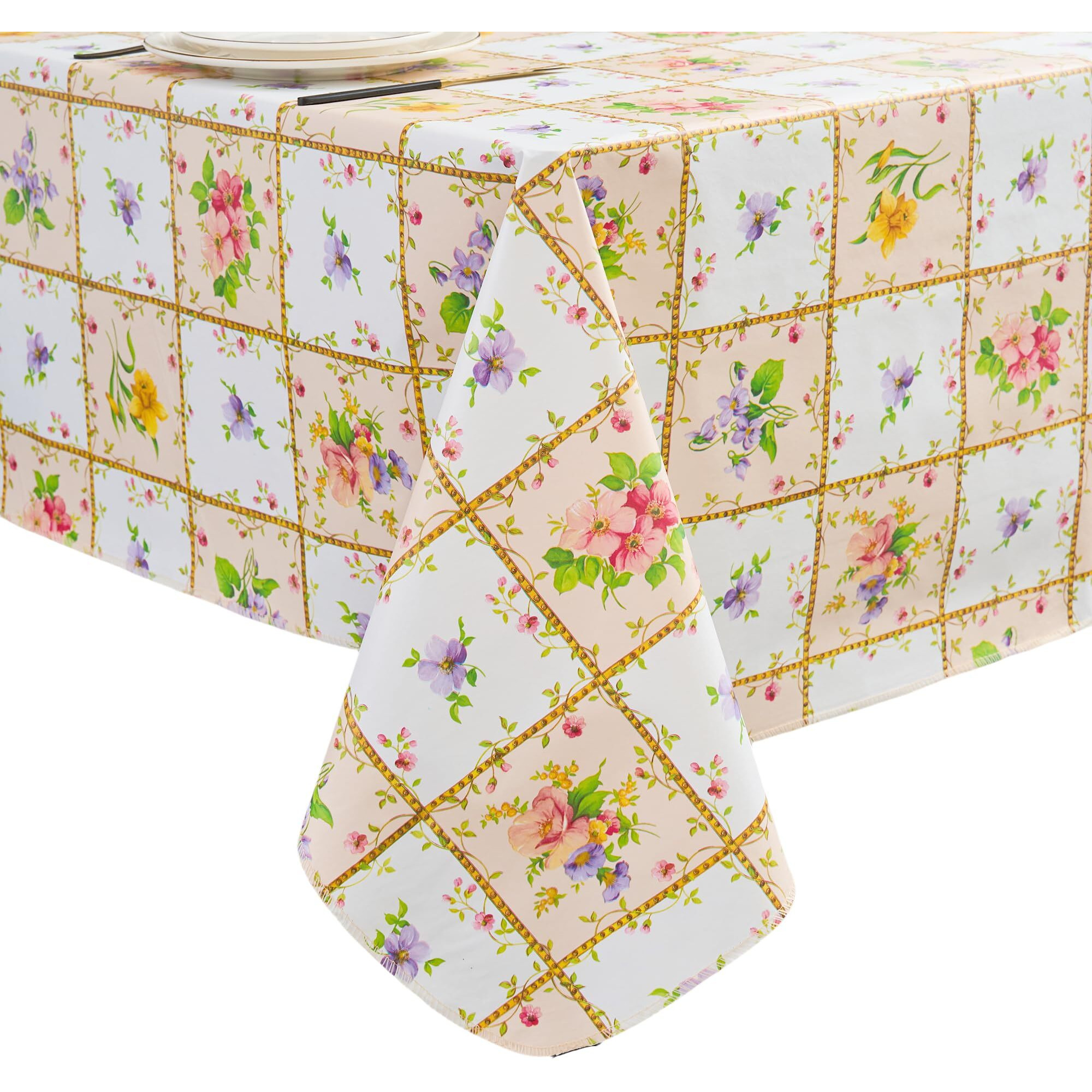 Vinyl Tablecloth With Flannel Backed Waterproof Oil-Proof Pvc Table Cloth Wipeable Spill-Proof Plastic Table Cover For Indoor And Outdoor(Colorful Flowers, 60 X 60 Inch Square)