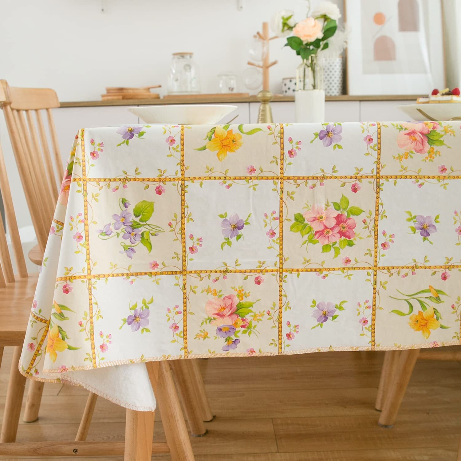 Vinyl Tablecloth With Flannel Backed Waterproof Oil-Proof Pvc Table Cloth Wipeable Spill-Proof Plastic Table Cover For Indoor And Outdoor(Colorful Flowers, 60 X 60 Inch Square)