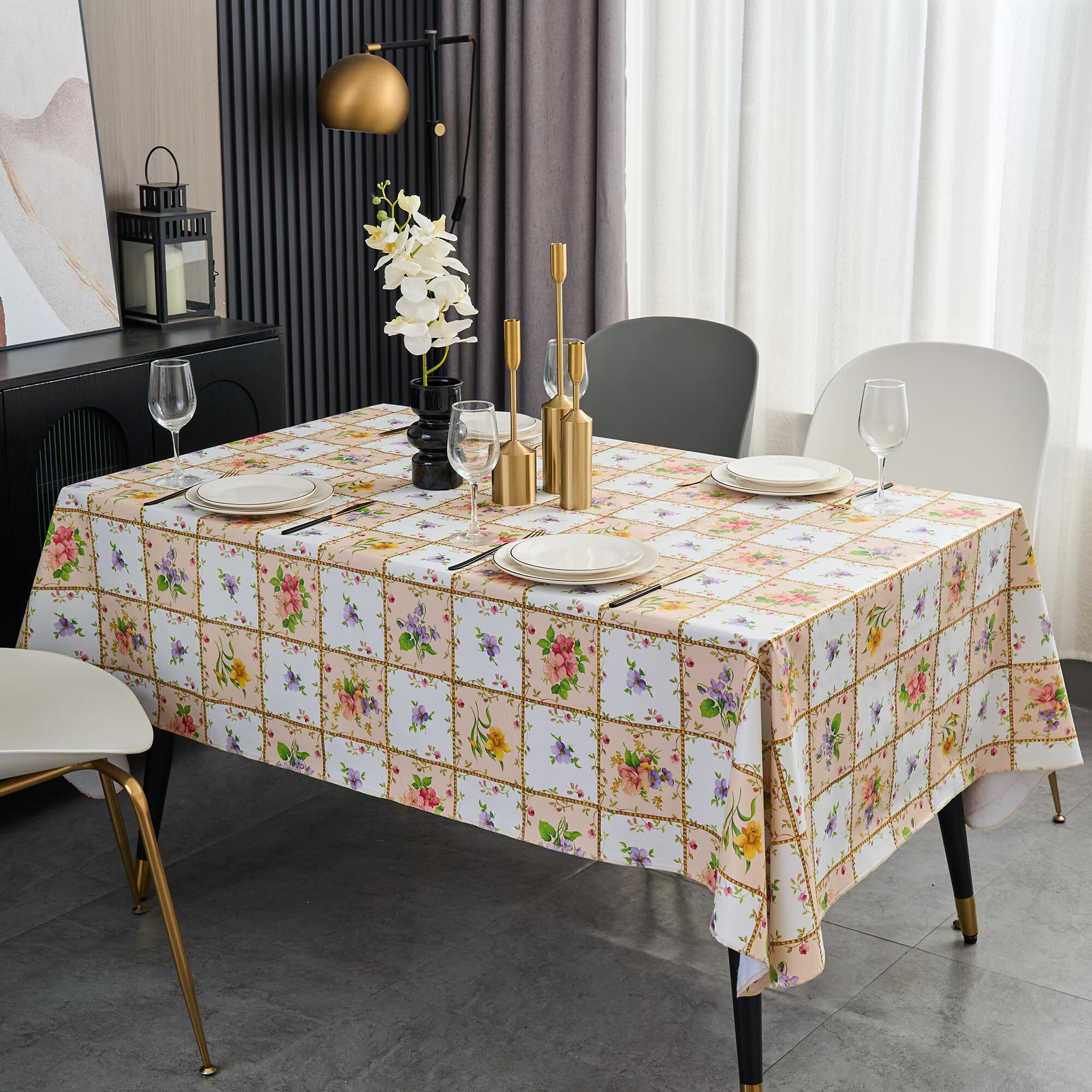 Vinyl Tablecloth With Flannel Backed Waterproof Oil-Proof Pvc Table Cloth Wipeable Spill-Proof Plastic Table Cover For Indoor And Outdoor(Colorful Flowers, 60 X 60 Inch Square)
