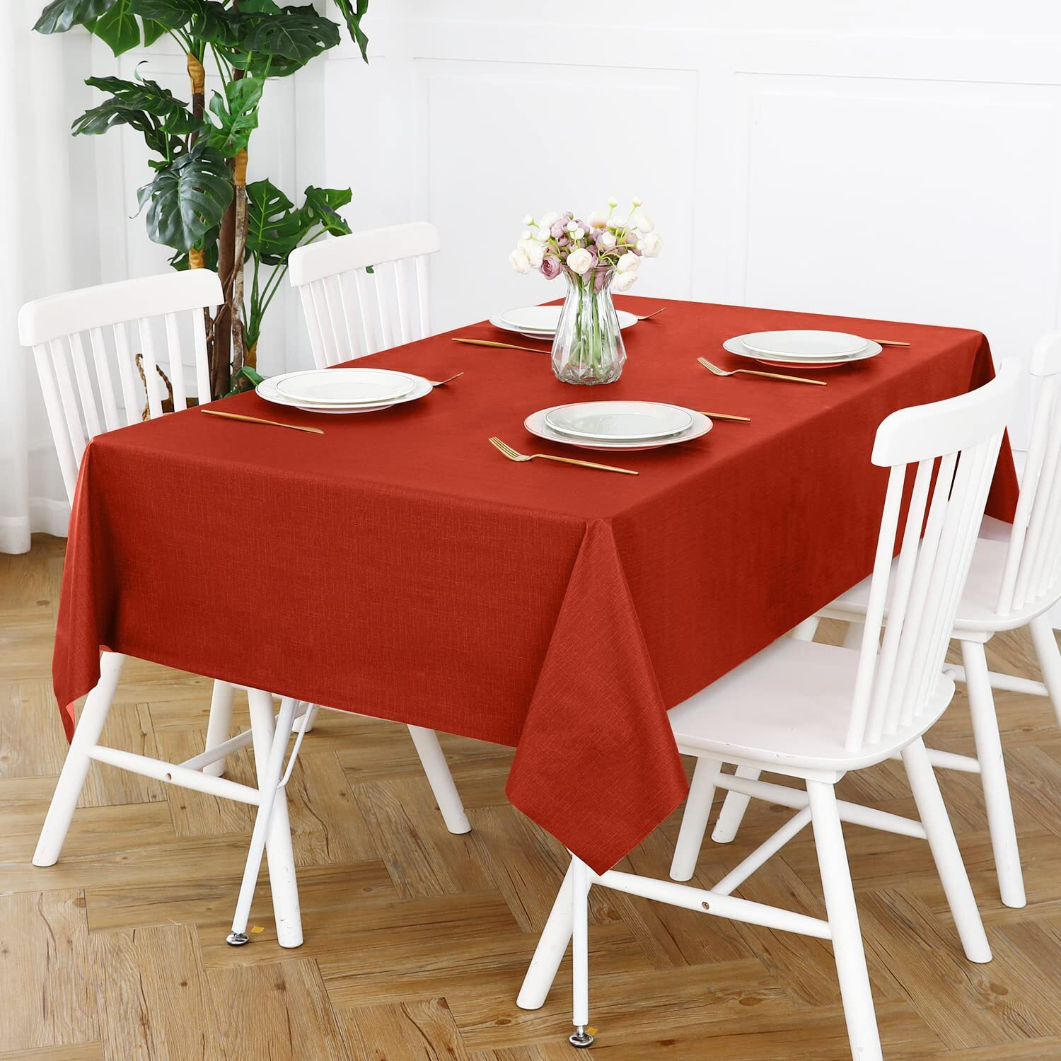 Romanstile Christmas 100% Waterproof Pvc Tablecloth, Rectangle Oil Spill Proof Stain Resistant Vinyl Table Cloth, Wipe Clean Plastic Table Covers For Kitchen/Dining/Parties - 60 X 102 Inch, Red
