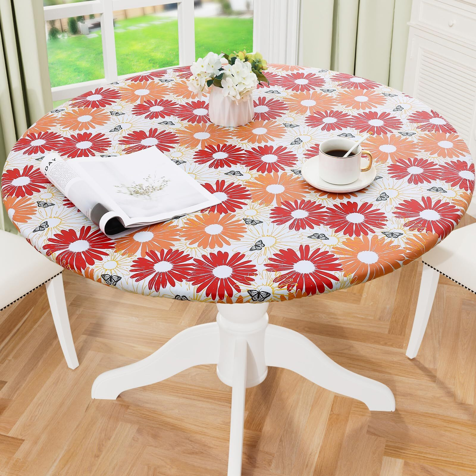 Misaya Round Fitted Tablecloth With Elastic Edge, 100% Waterproof Oil Proof Plastic Table Cover, Vinyl Flannel Backed Tablecloth Fits 45""-56"" Round Tables For Dinner, Outdoor, Picnic, Red Daisy