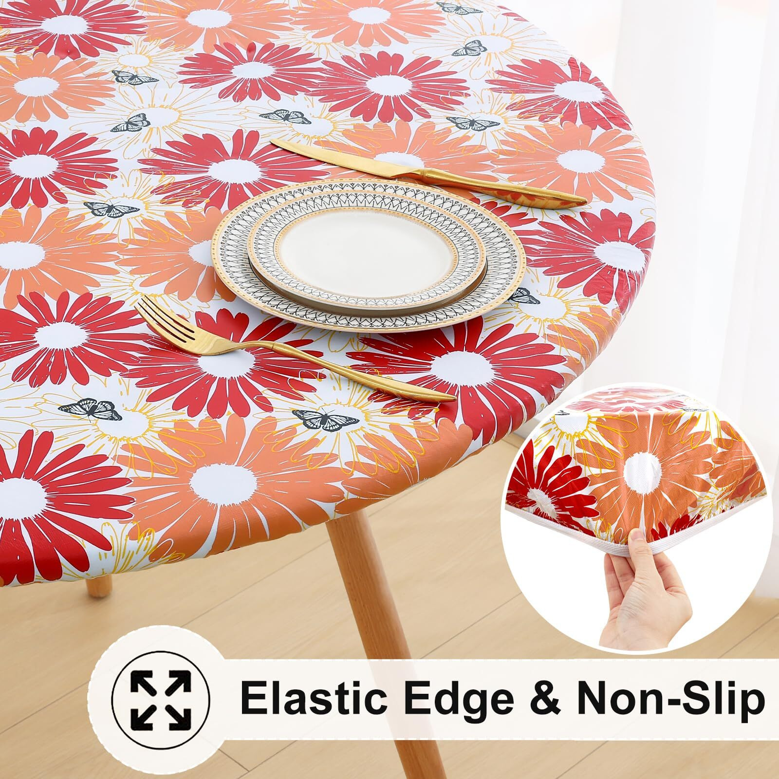 Misaya Round Fitted Tablecloth With Elastic Edge, 100% Waterproof Oil Proof Plastic Table Cover, Vinyl Flannel Backed Tablecloth Fits 45""-56"" Round Tables For Dinner, Outdoor, Picnic, Red Daisy