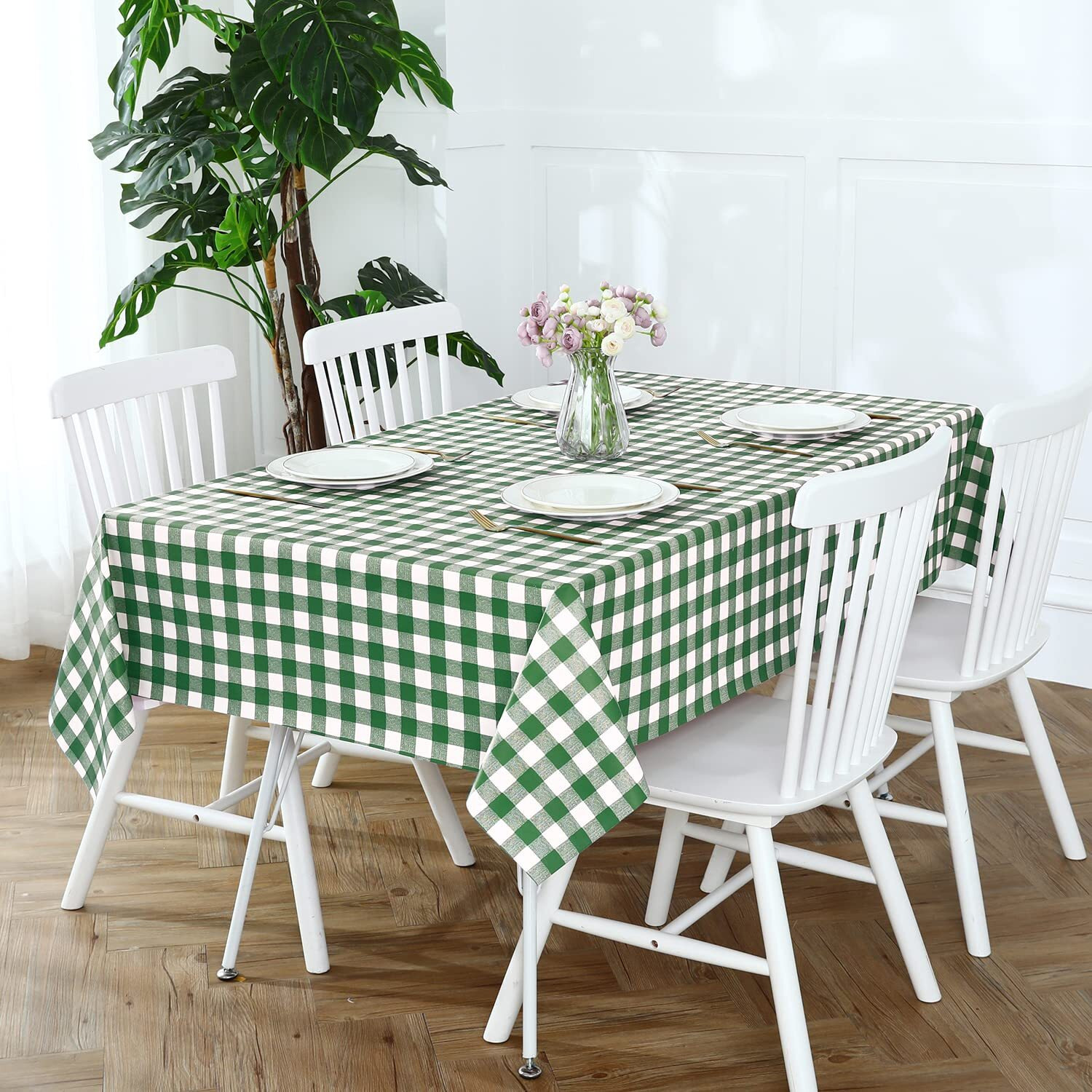 Romanstile Rectangle Vinyl Pvc Tablecloth, 100% Waterproof Buffalo Plaid Plastic Table Cloth, Oil Proof Heavy Duty Wipeable Table Covers For Dining/Camping/Picnic/Outdoor - 60 X 102, Green And White