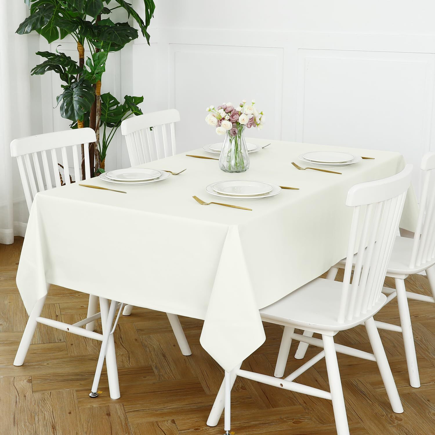 Romanstile 100% Waterproof Pvc Tablecloth, Square Oil Spill Proof Stain Resistant Vinyl Table Cloth, Wipe Clean Plastic Table Covers For Kitchen/Dining/Parties - 54 X 54 Inch, Ivory