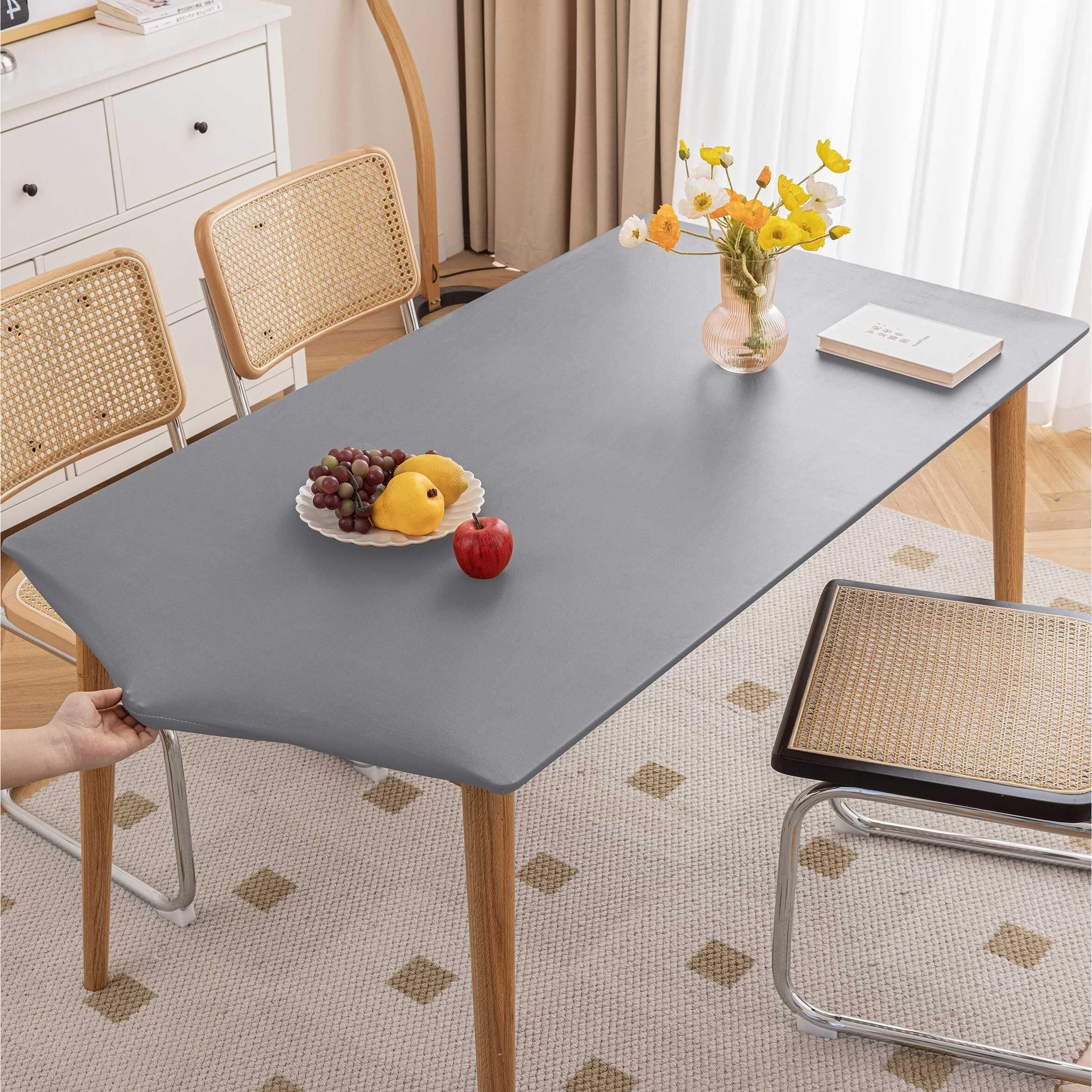 Huierxun Pu Stretch Fitted Rectangle Tablecloth With Elastic Edge 35 X 55 Inch Waterproof Oil Proof Table Cloth Wipeable Table Cover For Indoor Outdoor Furniture Protect (Light Grey,35"&quotX55"")