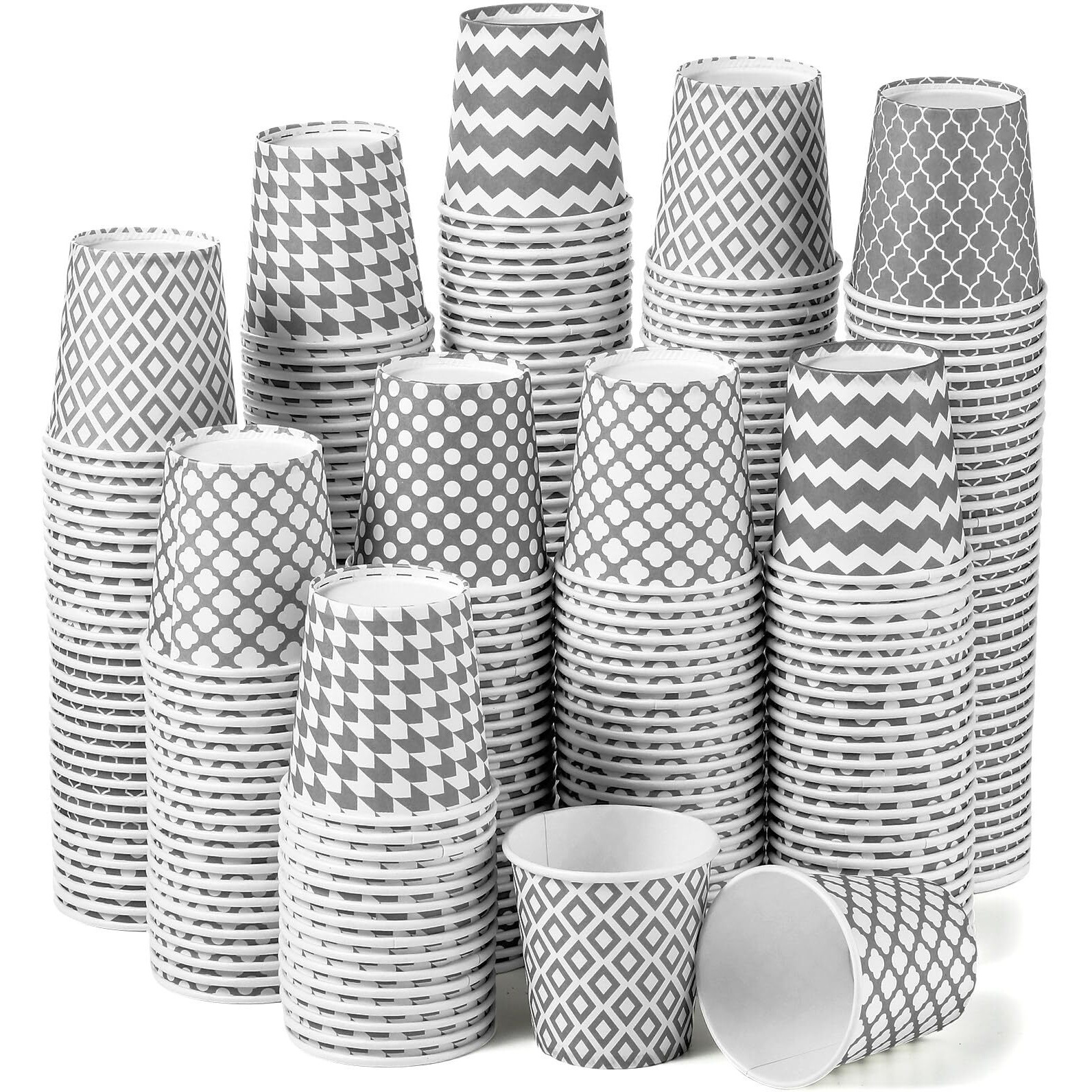 Sawysine 300 Count 5Oz Disposable Paper Cups For Bathroom, Mouthwash, Espresso, Small Snacks, And Party Drinking Cup For Hot Cold Water, Coffee, Juice(Geometric Gray Style)