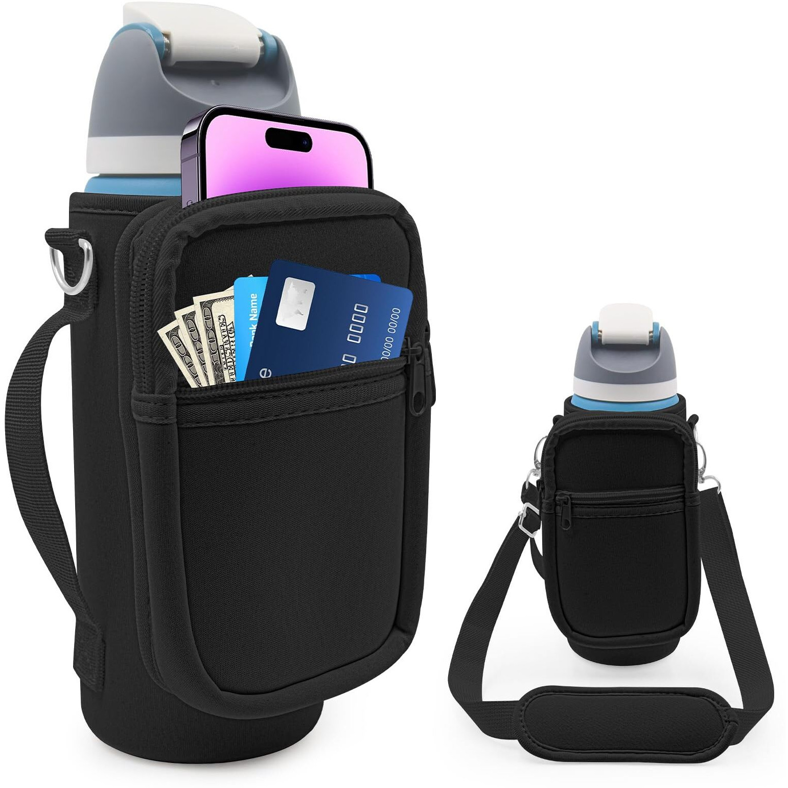 For Owala Freesip Insulated Stainless Steel Water Bottle Cup Holder Cover Carrier Sling Bag With Strap, Pouch Pocket For Phone/Accessories, Add Handle For Owala 32Oz(Black)