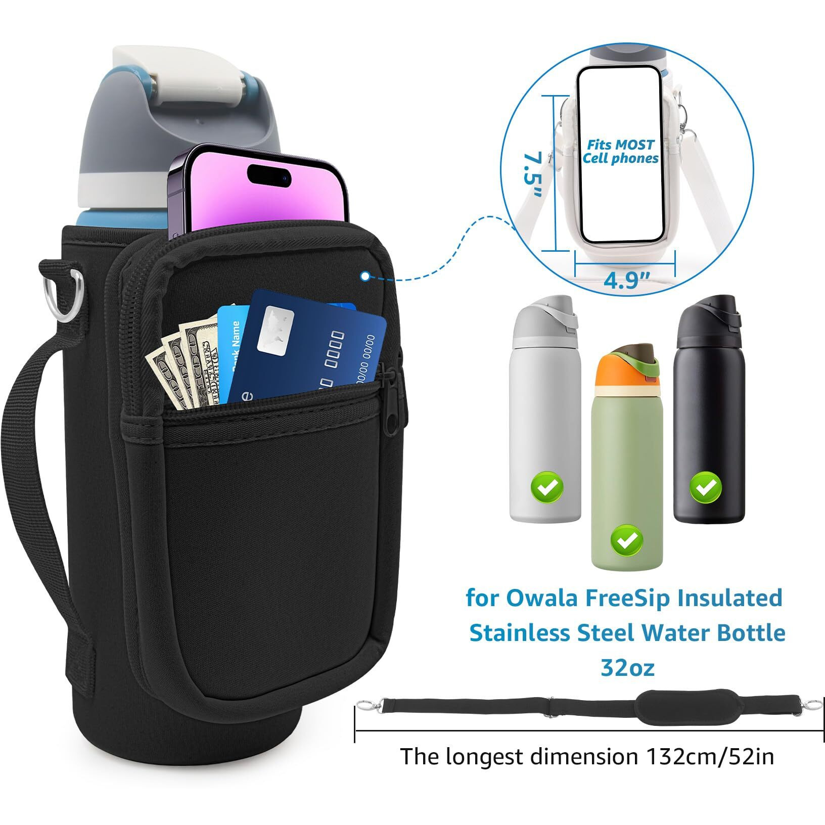 For Owala Freesip Insulated Stainless Steel Water Bottle Cup Holder Cover Carrier Sling Bag With Strap, Pouch Pocket For Phone/Accessories, Add Handle For Owala 32Oz(Black)