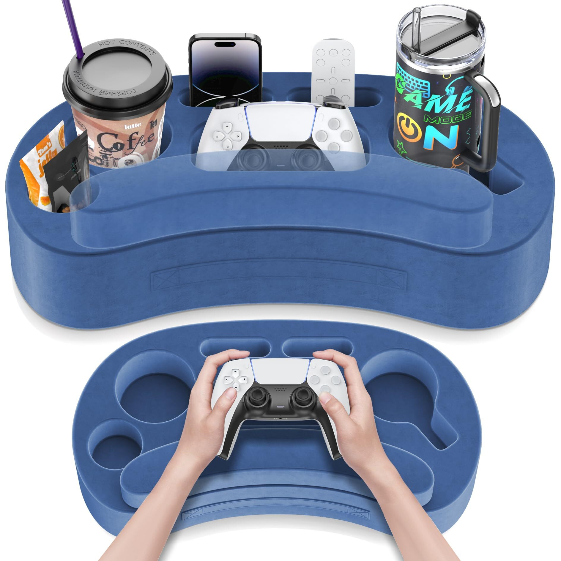 Couch Cup Holder Pillow With 6 Slots, Couch Organizer Caddy & Buddy With Customized Game Controller Hole & Armrest Pads, Removable & Washable Drink Pillow Gamer Gift For Remote, Phone, Snack
