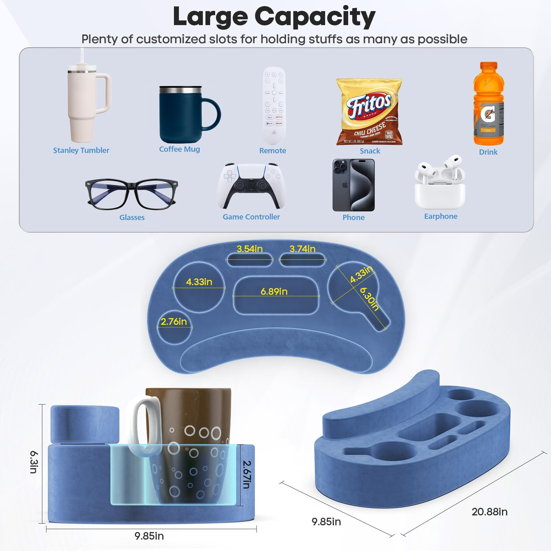 Couch Cup Holder Pillow With 6 Slots, Couch Organizer Caddy & Buddy With Customized Game Controller Hole & Armrest Pads, Removable & Washable Drink Pillow Gamer Gift For Remote, Phone, Snack