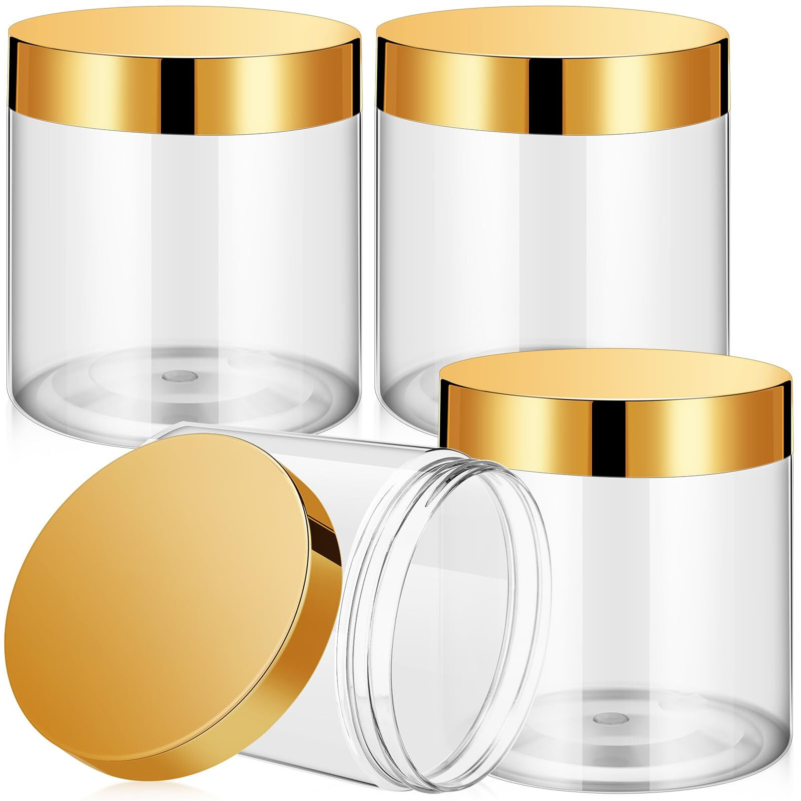 Patelai 4 Pieces Round Wide-Mouth Leak Proof Plastic Container Jars With Lids For Travel Storage Makeup Beauty Products Face Creams Oils Salves Ointments Diy Making(16 Ounce,Gold)