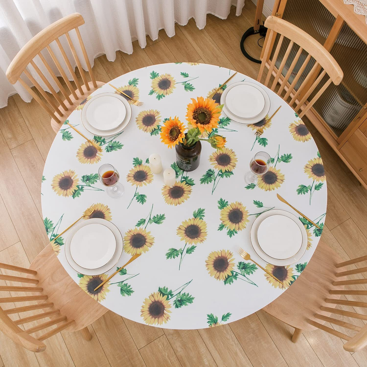 Nlmuvw Round Fitted Vinyl Tablecloth With Elastic Edge 100% Waterproof Oil Proof Super Elastic Table Cloth Wipe Clean Table Cover For Indoor And Outdoor, Sunflower, 37""- 54""
