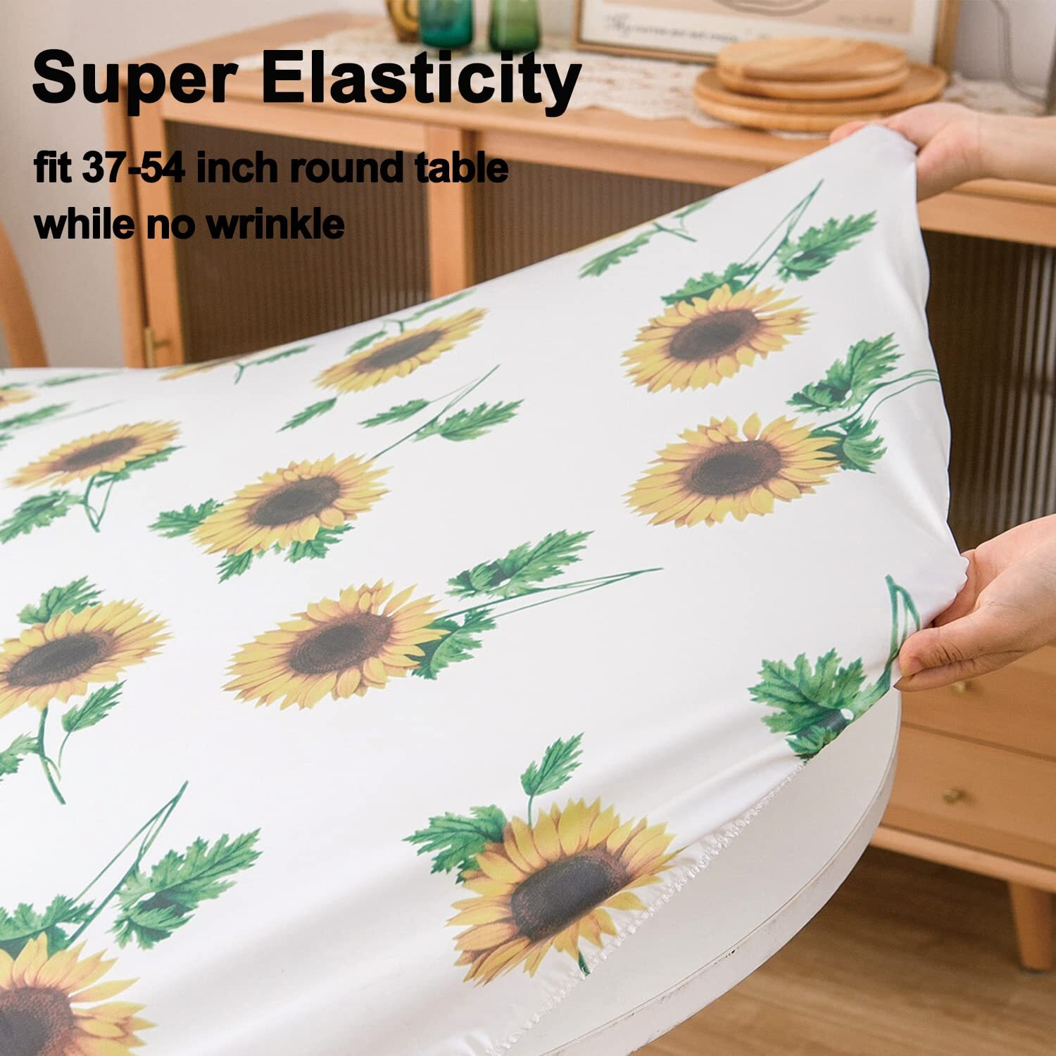 Nlmuvw Round Fitted Vinyl Tablecloth With Elastic Edge 100% Waterproof Oil Proof Super Elastic Table Cloth Wipe Clean Table Cover For Indoor And Outdoor, Sunflower, 37""- 54""