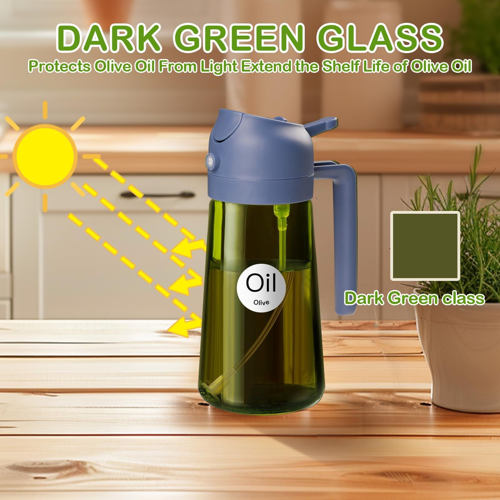 Yarramate 2Pcs 16Oz/470Ml Dark Green Oil Sprayer For Cooking With Stickers, Food-Grade Premium 2 In 1 Olive Oil Dispenser Bottle For Kitchen Gadgets, Air Fryer, Salad, Frying, Bbq (Black&Navy)