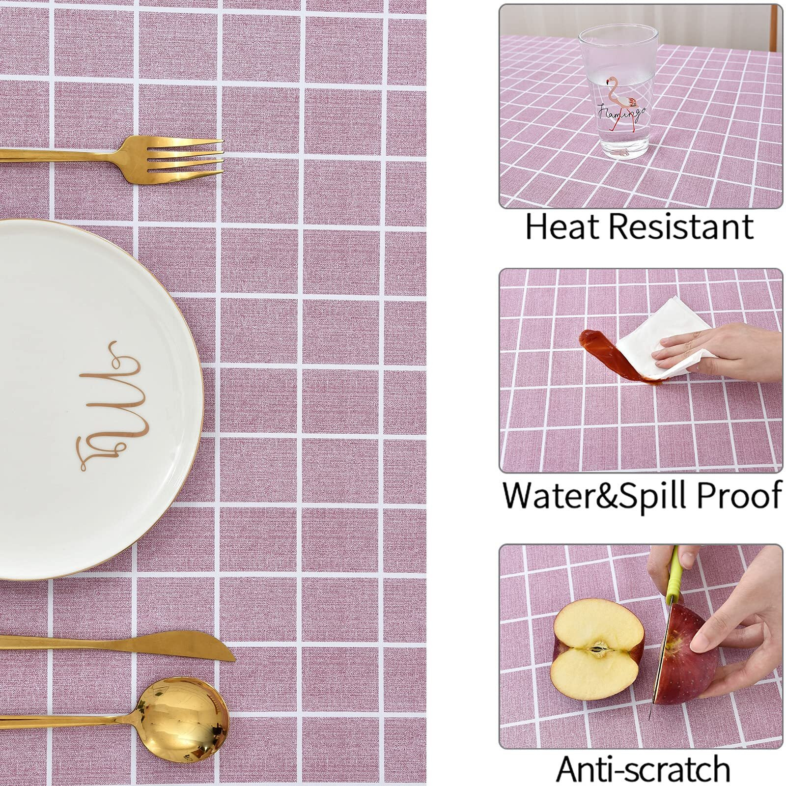 Romanstile Rectangle Plastic Tablecloth, 100% Waterproof Oil-Proof Checkered Pvc Table Cloths, Heavy Duty Vinyl Table Covers For Dining, Camping, Picnic, Outdoor - 60 X 102 Inch, Pink