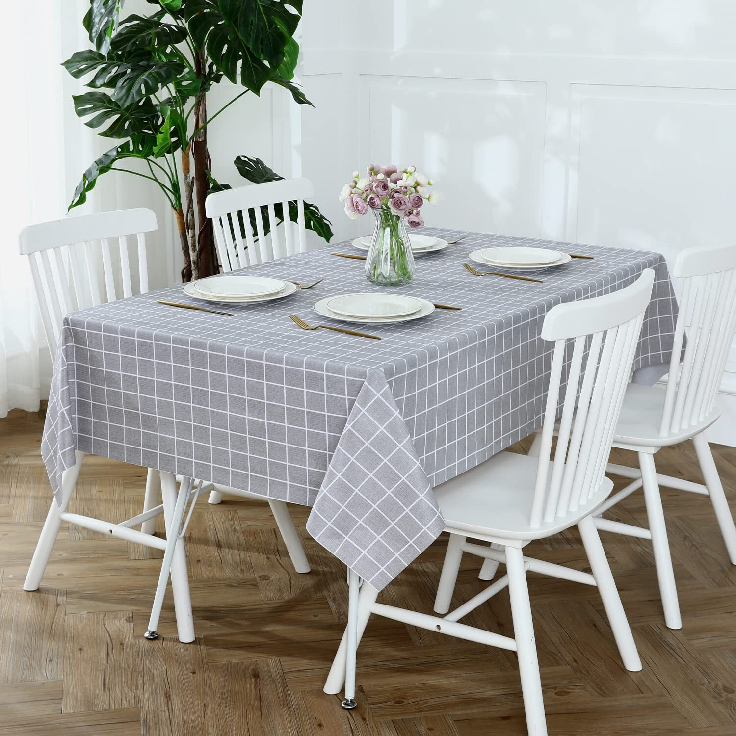 Romanstile Square Plastic Tablecloth, 100% Waterproof Oil-Proof Checkered Pvc Table Cloths, Heavy Duty Vinyl Table Covers For Dining, Camping, Picnic, Outdoor - 60 X 60 Inch, Grey