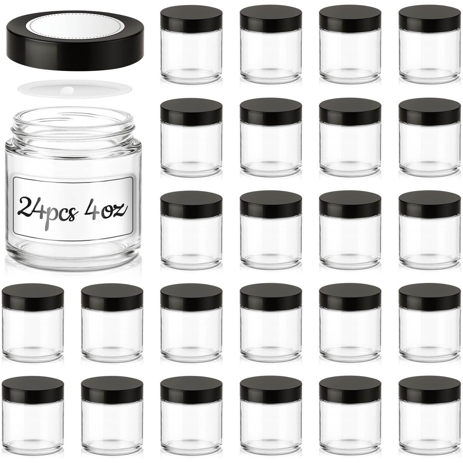 4 Oz Glass Jars With Lids, 24 Pack Clear Small Glass Jars With Black Lids Leakproof Round Airtight Empty Cosmetic Travel Containers With Inner Liners For Lotions Powders And Candle Making
